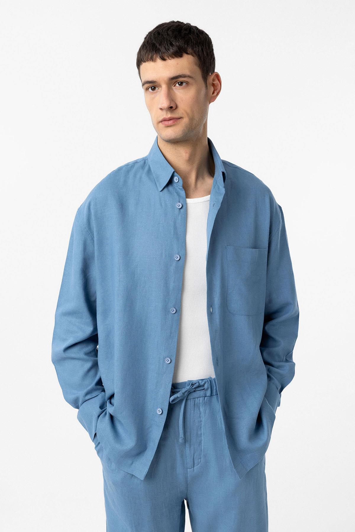 Antioch-Bebe Mavi Keten Karışımlı Relax Fit Erkek Gömlek-Gömlek-1-Milagron.com