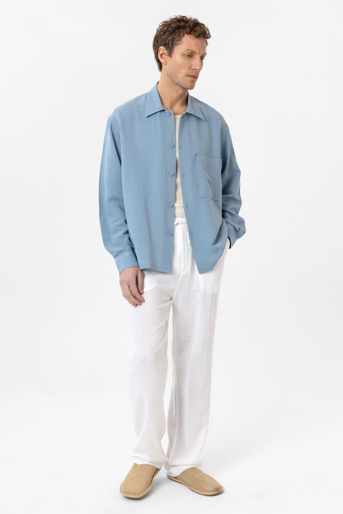 Antioch-Bebe Mavi Keten Karışımlı Relaxed Erkek Gömlek-Gömlek-5-Milagron.com
