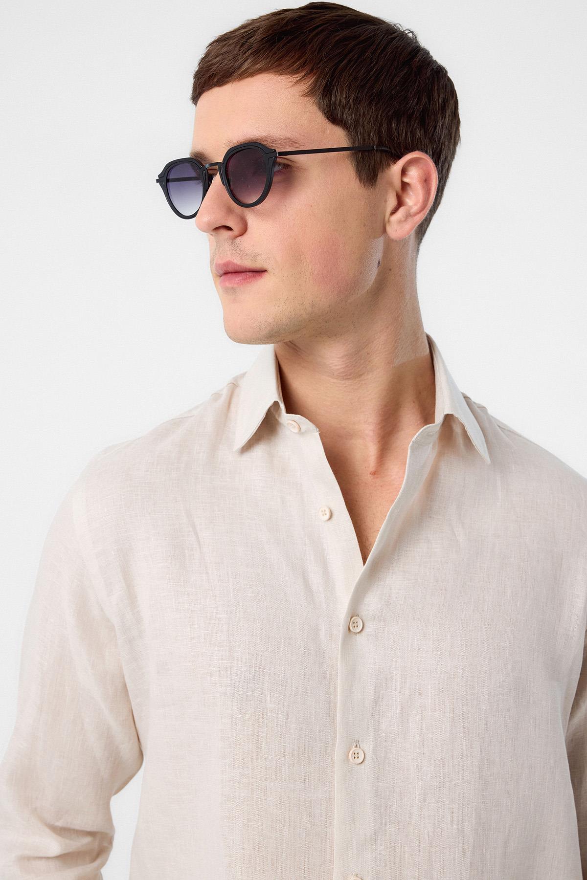 Antioch-Antioch Bej 100% Keten Comfort Fit Erkek Gömlek-Gömlek-3-Milagron.com