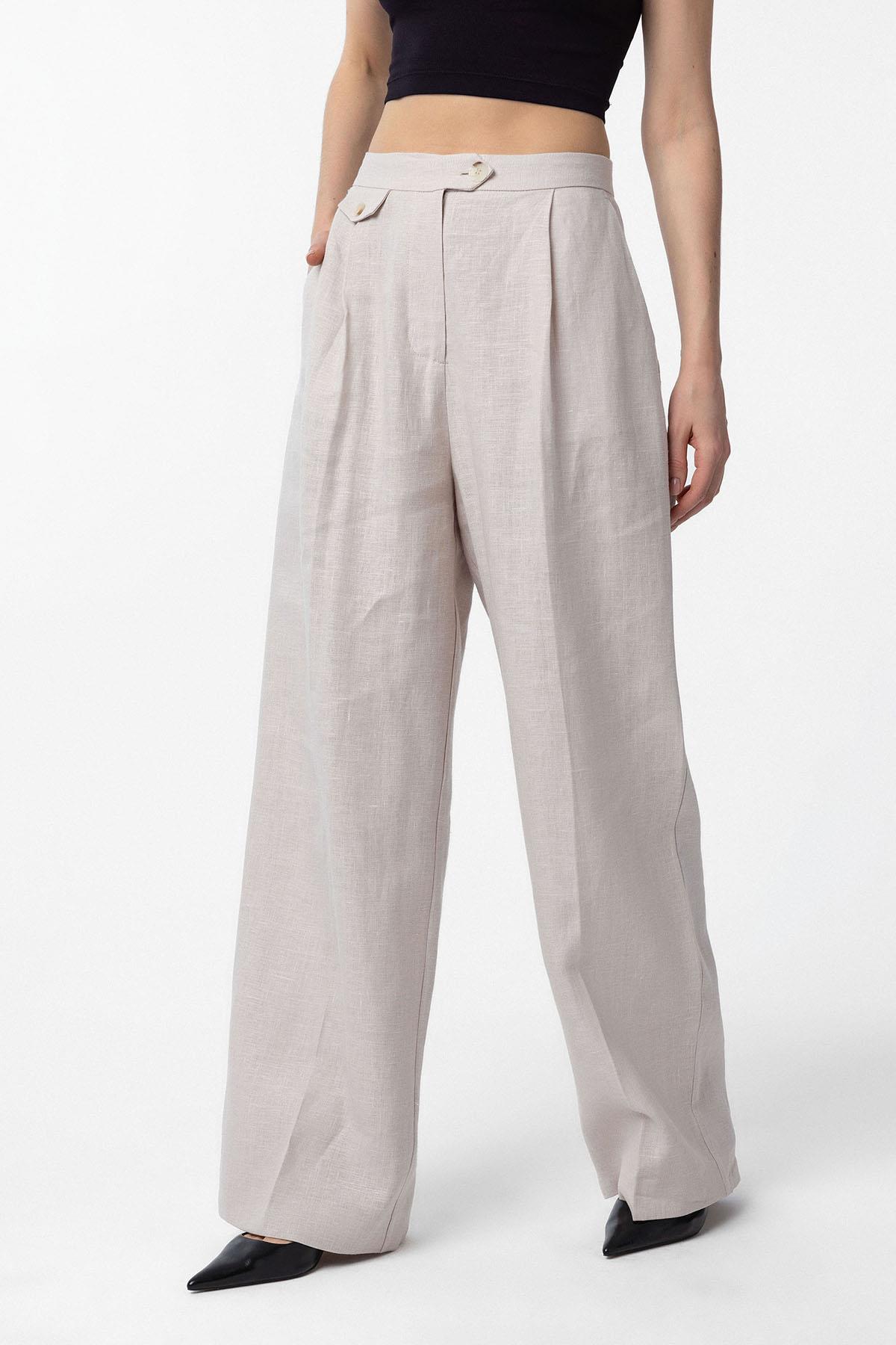 Antioch-Bej 100% Keten Yüksek Bel Pilili Kadın Pantolon-Kumaş Pantolon-2-Milagron.com