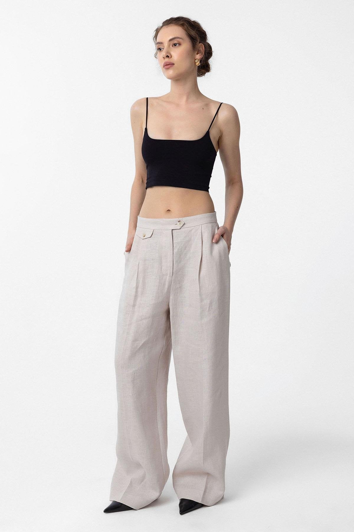 Antioch-Bej 100% Keten Yüksek Bel Pilili Kadın Pantolon-Kumaş Pantolon-3-Milagron.com