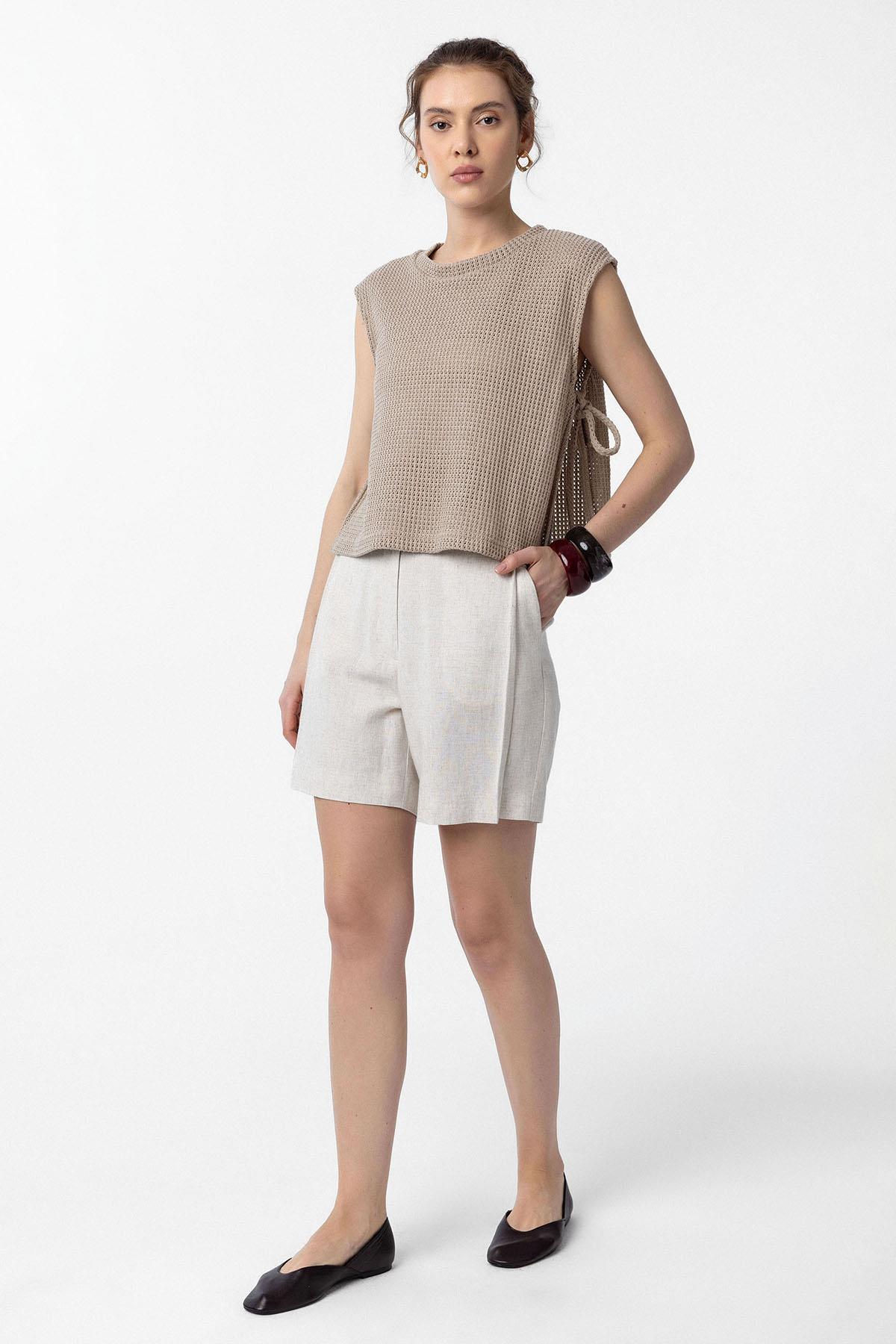 Antioch-Bej Bağcıklı Örgü Dokulu Kadın Top-Top-2-Milagron.com