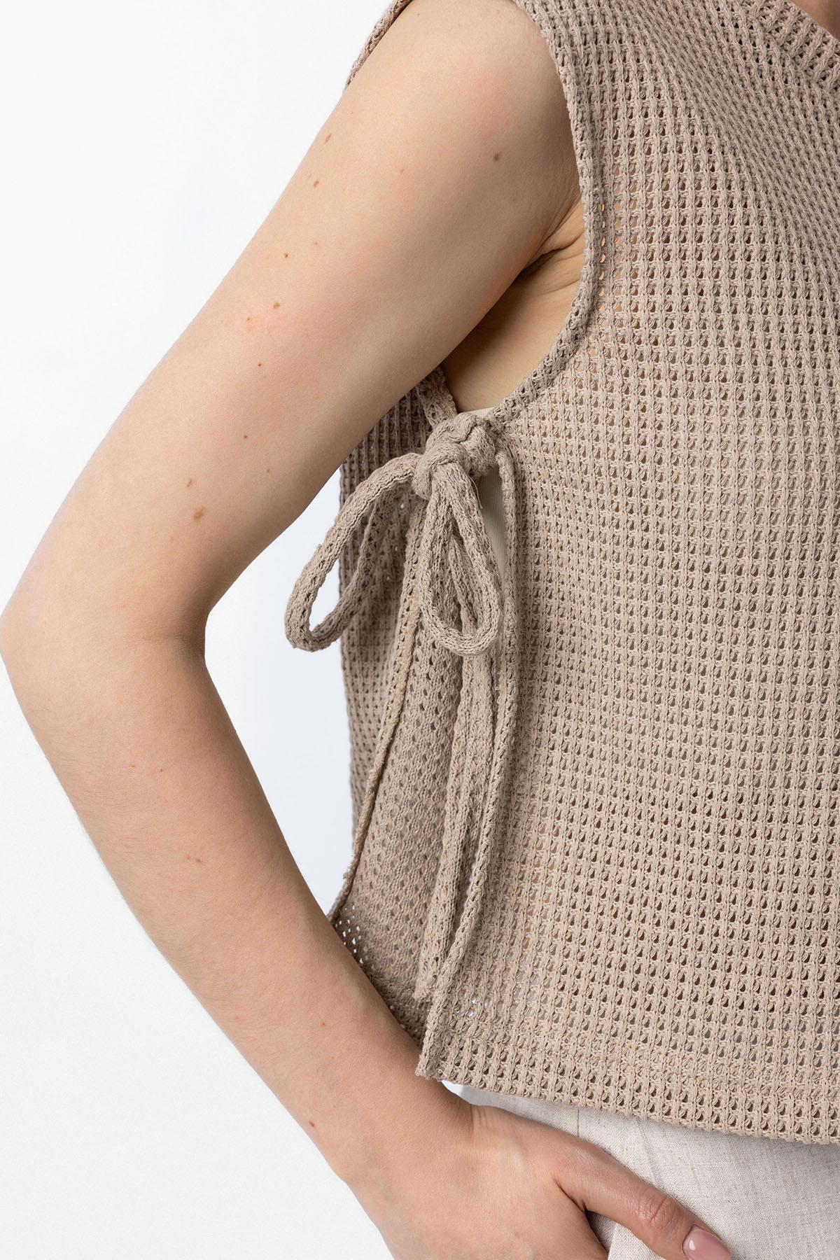 Antioch-Bej Bağcıklı Örgü Dokulu Kadın Top-Top-3-Milagron.com