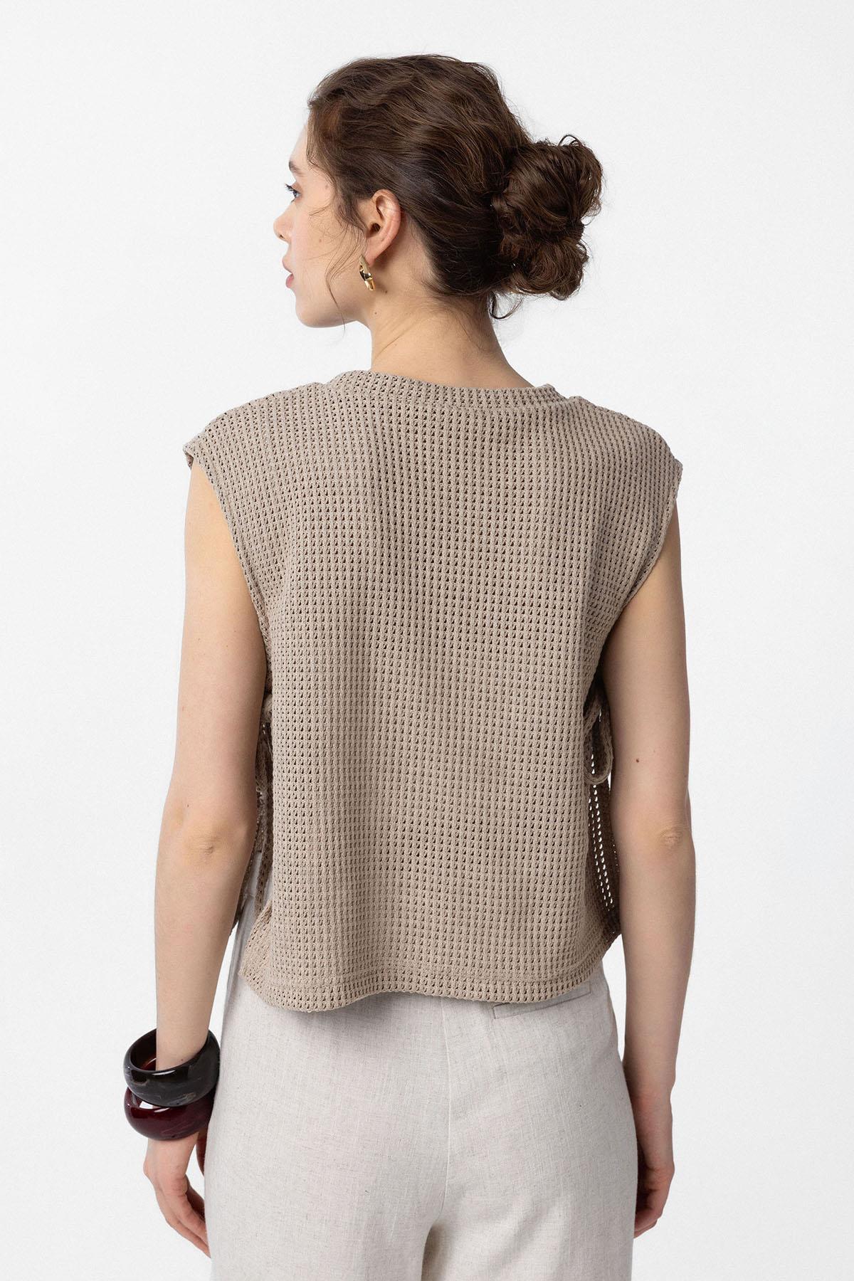 Antioch-Bej Bağcıklı Örgü Dokulu Kadın Top-Top-4-Milagron.com