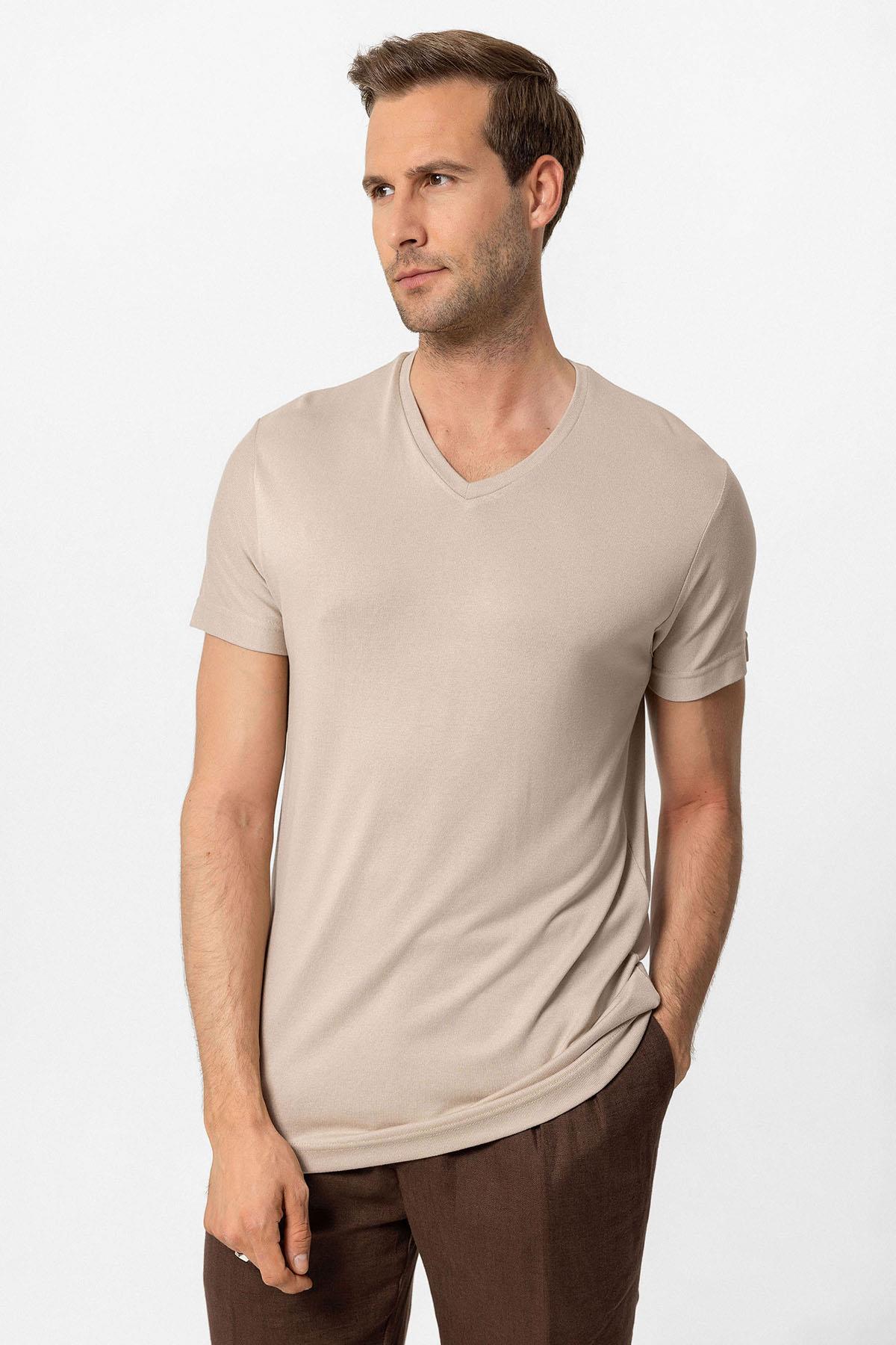 Antioch-Bej Basic V Yaka Erkek T Shirt-T-Shirts-1-Milagron.com