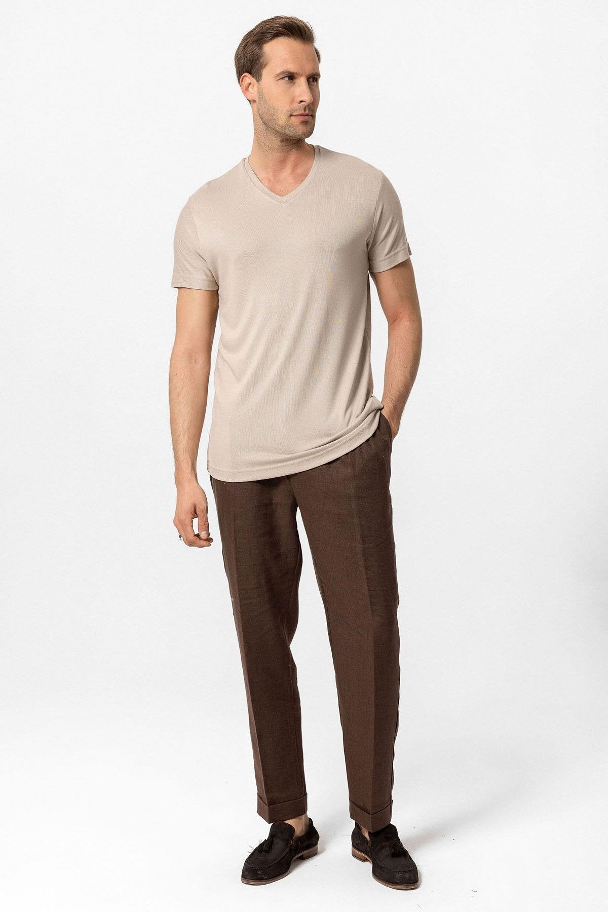 Antioch-Bej Basic V Yaka Erkek T Shirt-T-Shirts-3-Milagron.com