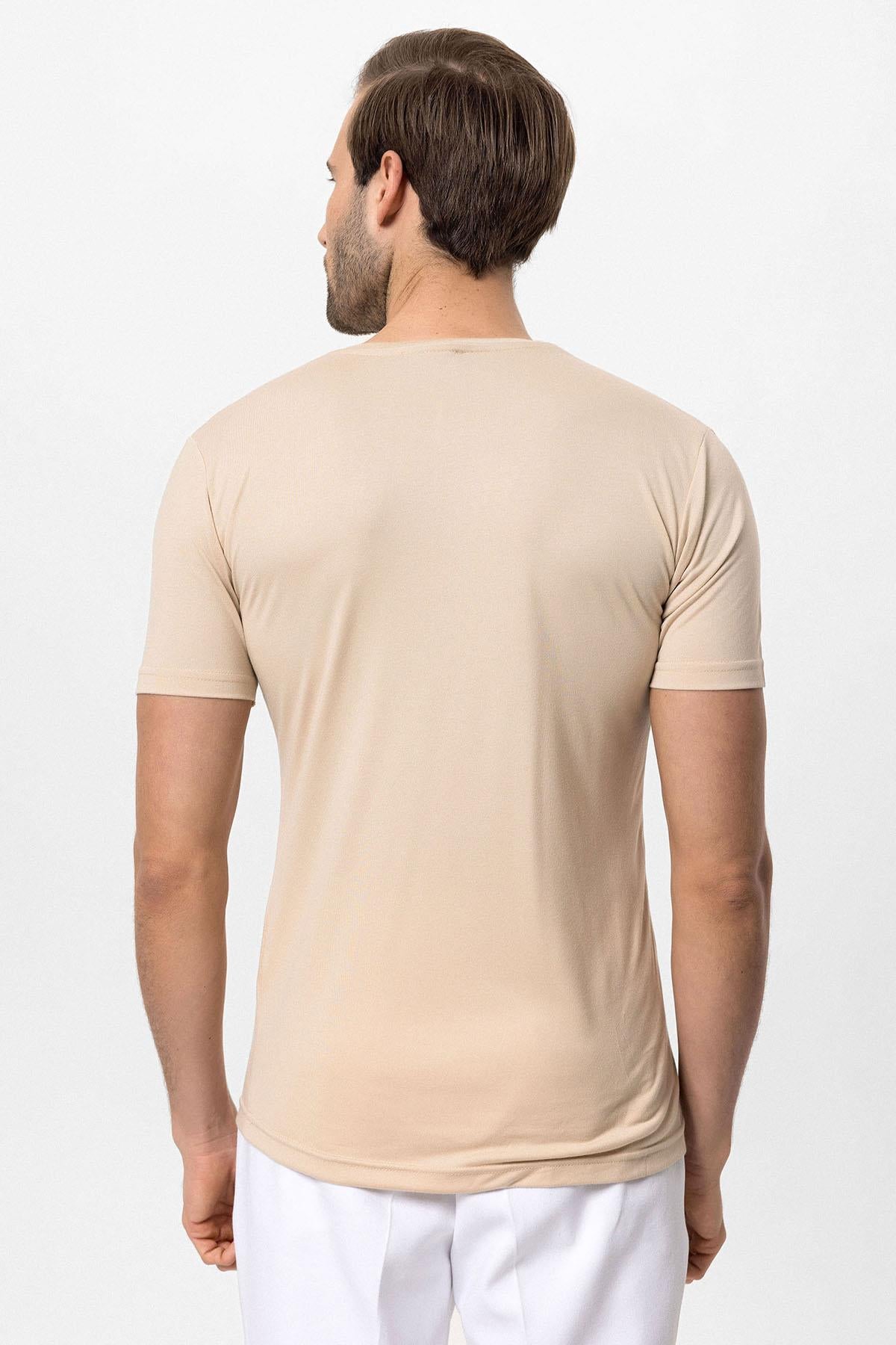 Antioch-Bej Bisiklet Yaka Slim Fit Erkek T Shirt-T-Shirts-5-Milagron.com