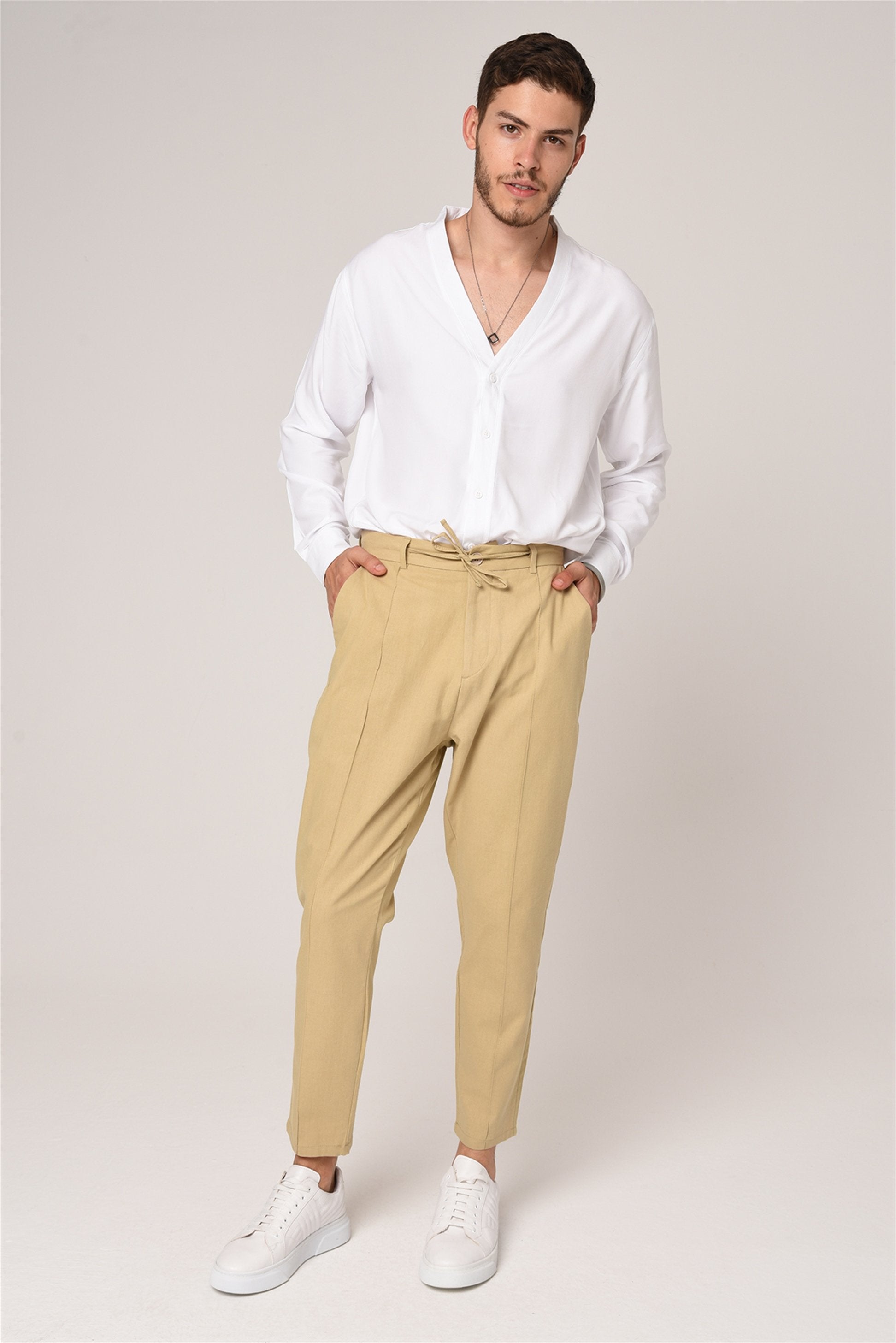 Antioch-Bej Boyfriend Keten Pantolon-Kumaş Pantolon-1-Milagron.com