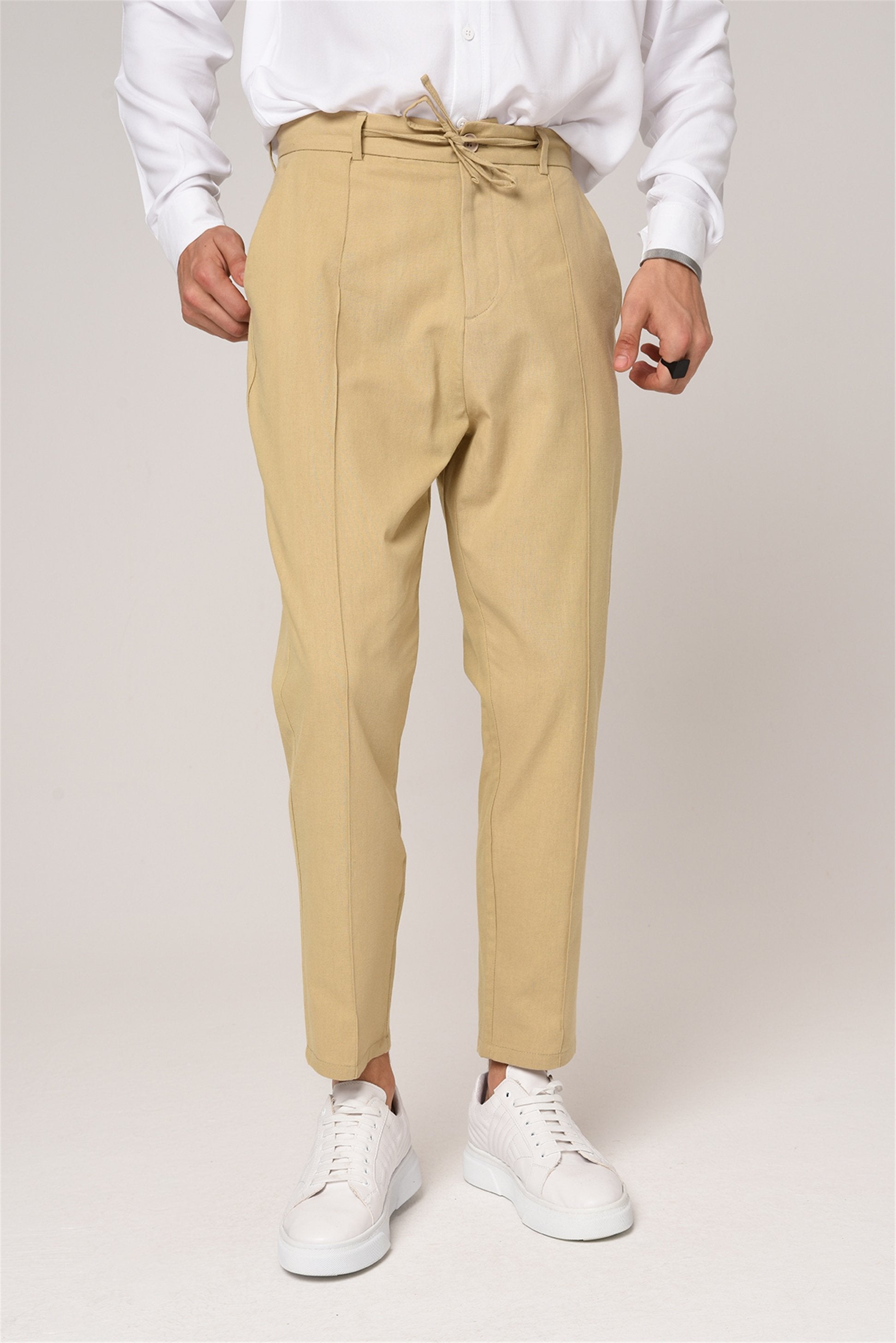 Antioch-Bej Boyfriend Keten Pantolon-Kumaş Pantolon-2-Milagron.com