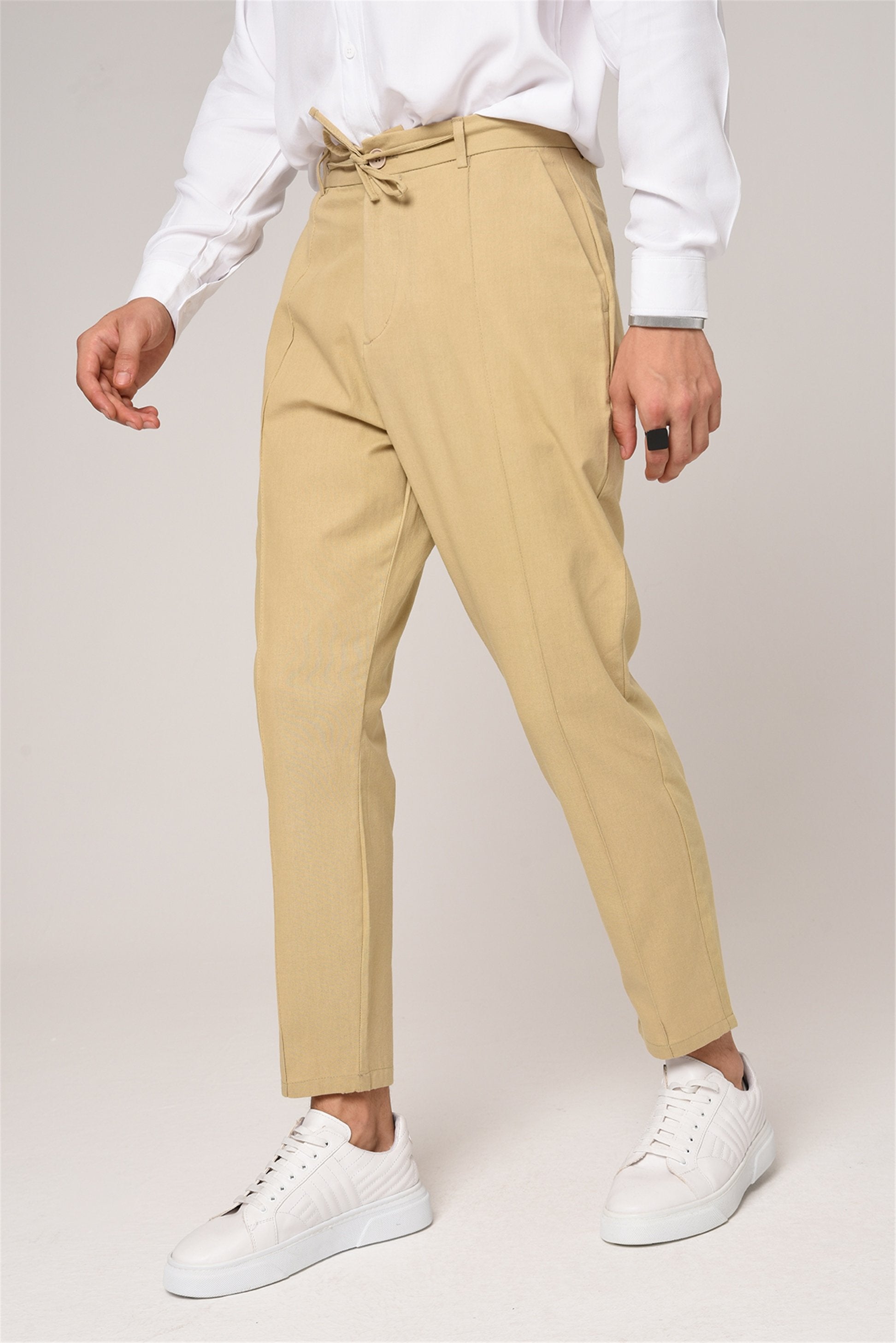 Antioch-Bej Boyfriend Keten Pantolon-Kumaş Pantolon-3-Milagron.com