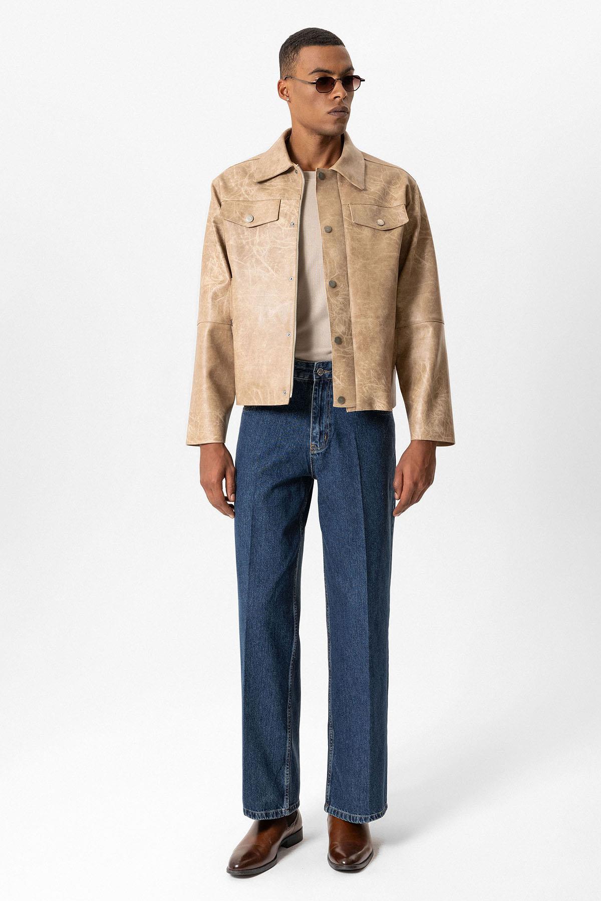 Antioch-Bej Crop Fit Suni Deri Erkek Mont-Mont-4-Milagron.com