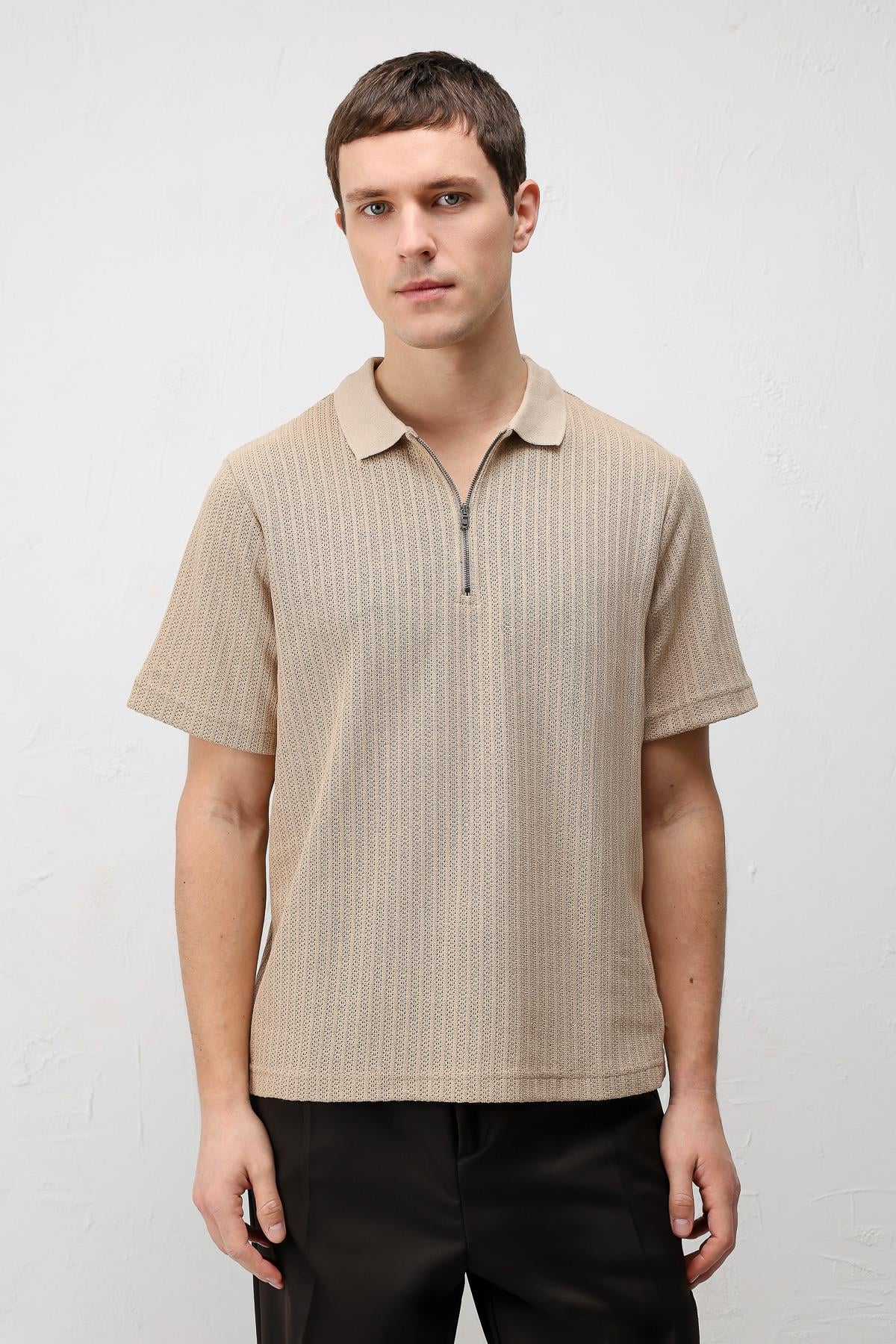 Antioch Bej Dokulu Örme Polo Yaka Erkek T-Shirt