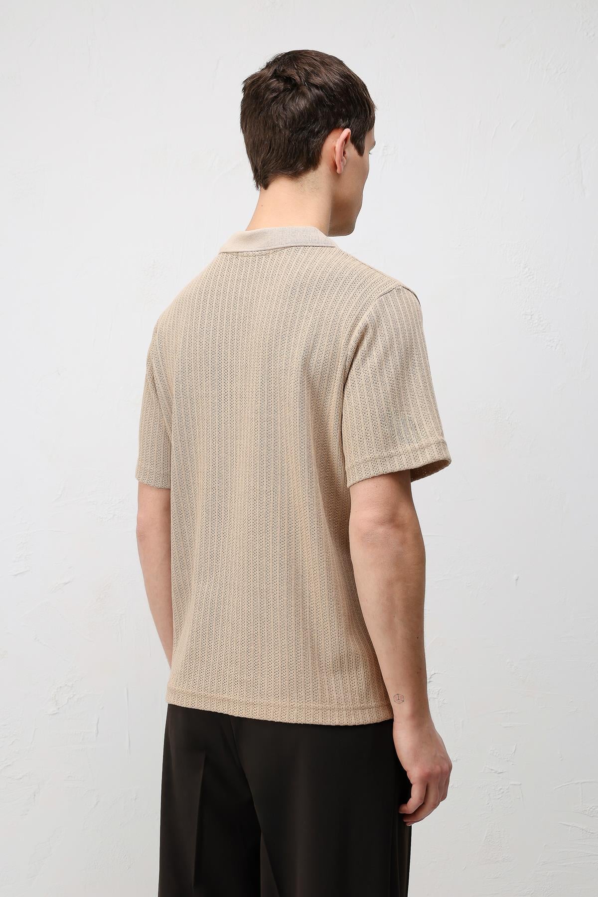 Antioch Bej Dokulu Örme Polo Yaka Erkek T-Shirt