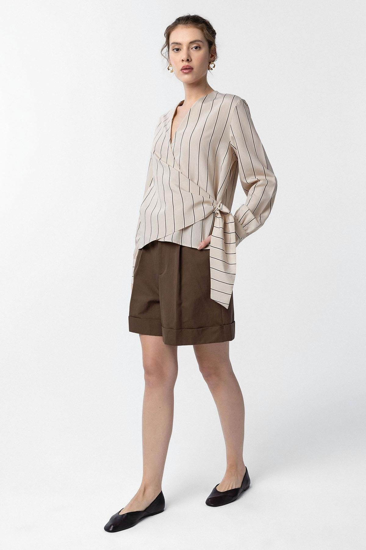 Antioch-Bej Dökümlü Kimono Kadın Gömlek-Gömlek-2-Milagron.com