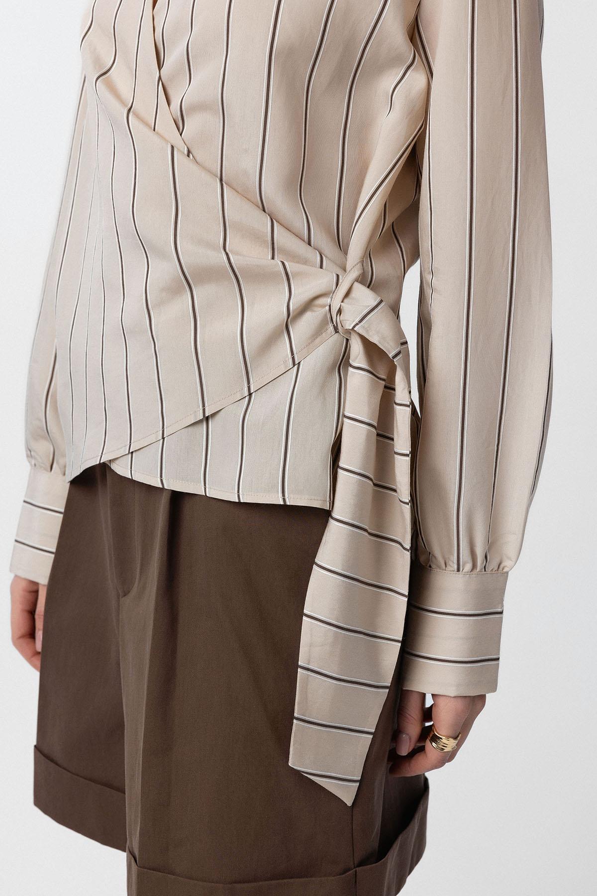 Antioch-Bej Dökümlü Kimono Kadın Gömlek-Gömlek-3-Milagron.com