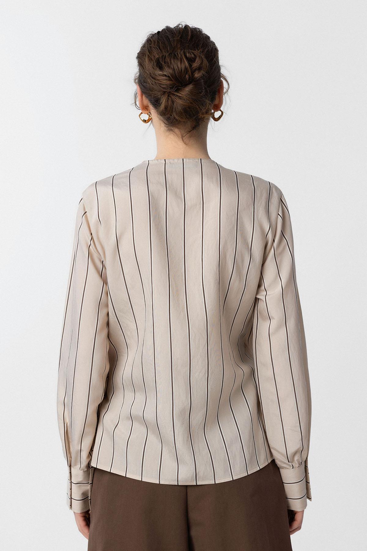 Antioch-Bej Dökümlü Kimono Kadın Gömlek-Gömlek-4-Milagron.com