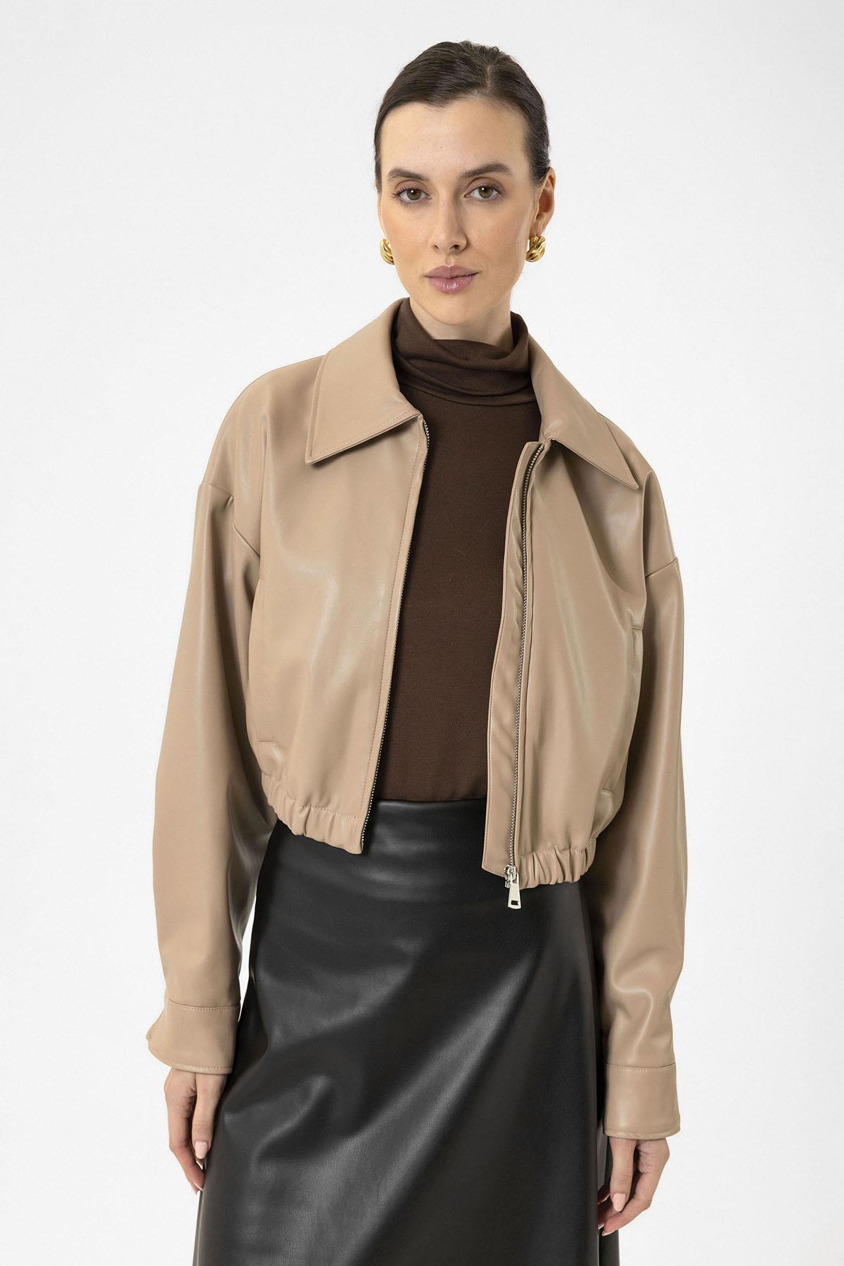 Antioch-Bej Kadın Bel Lastikli Suni Deri Mont-Mont-1-Milagron.com