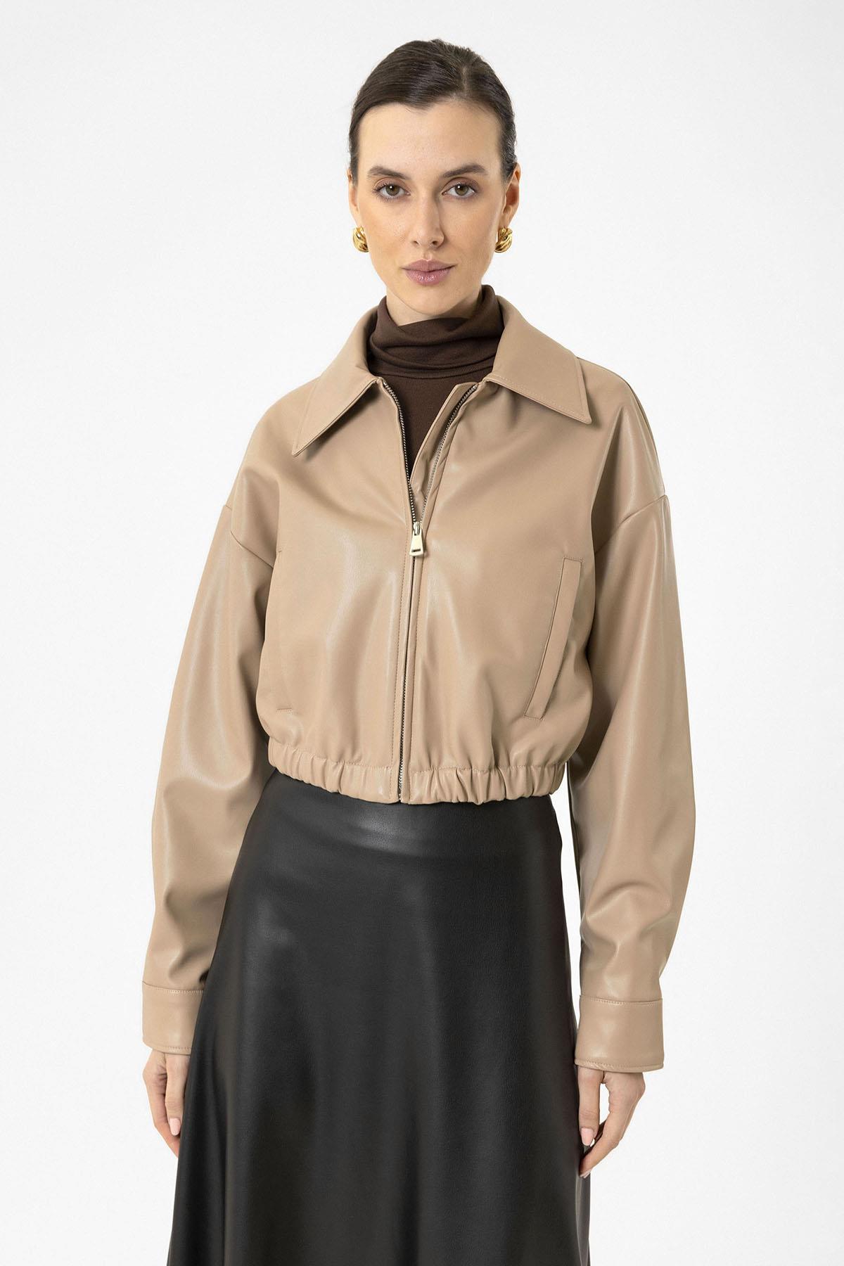 Antioch-Bej Kadın Bel Lastikli Suni Deri Mont-Mont-3-Milagron.com