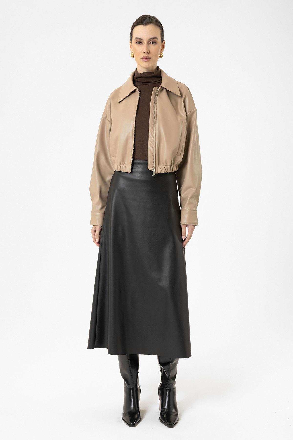 Antioch-Bej Kadın Bel Lastikli Suni Deri Mont-Mont-4-Milagron.com