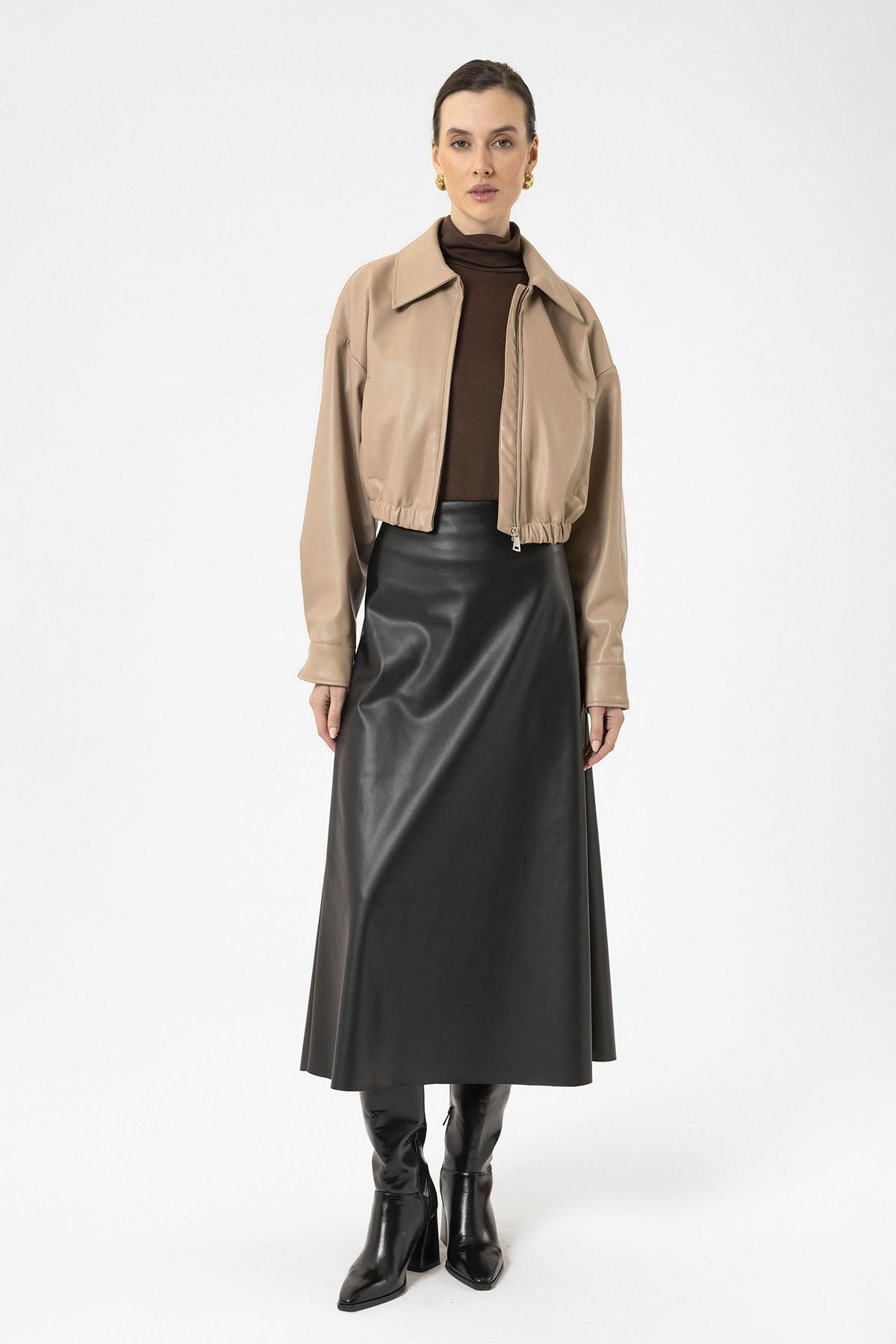 Antioch-Bej Kadın Bel Lastikli Suni Deri Mont-Mont-5-Milagron.com