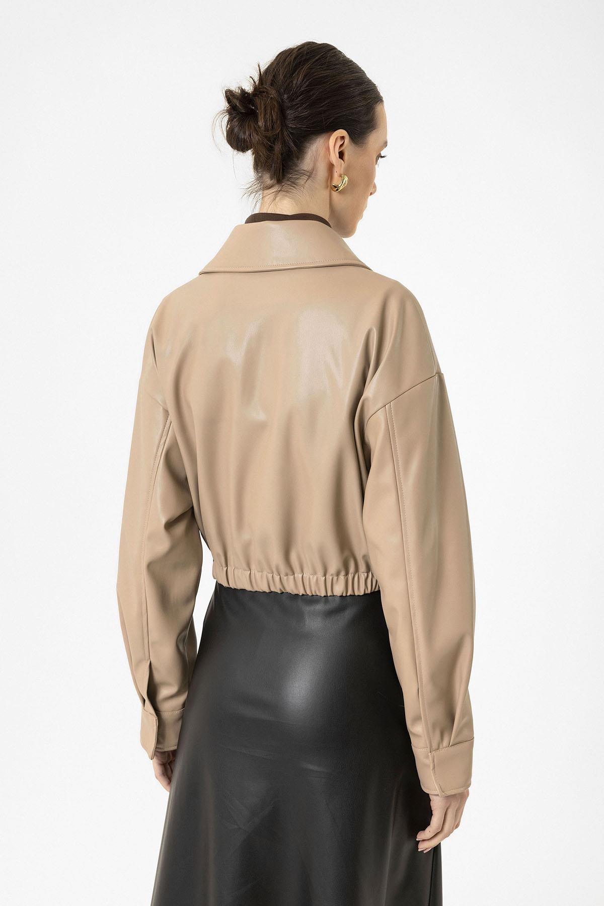 Antioch-Bej Kadın Bel Lastikli Suni Deri Mont-Mont-7-Milagron.com