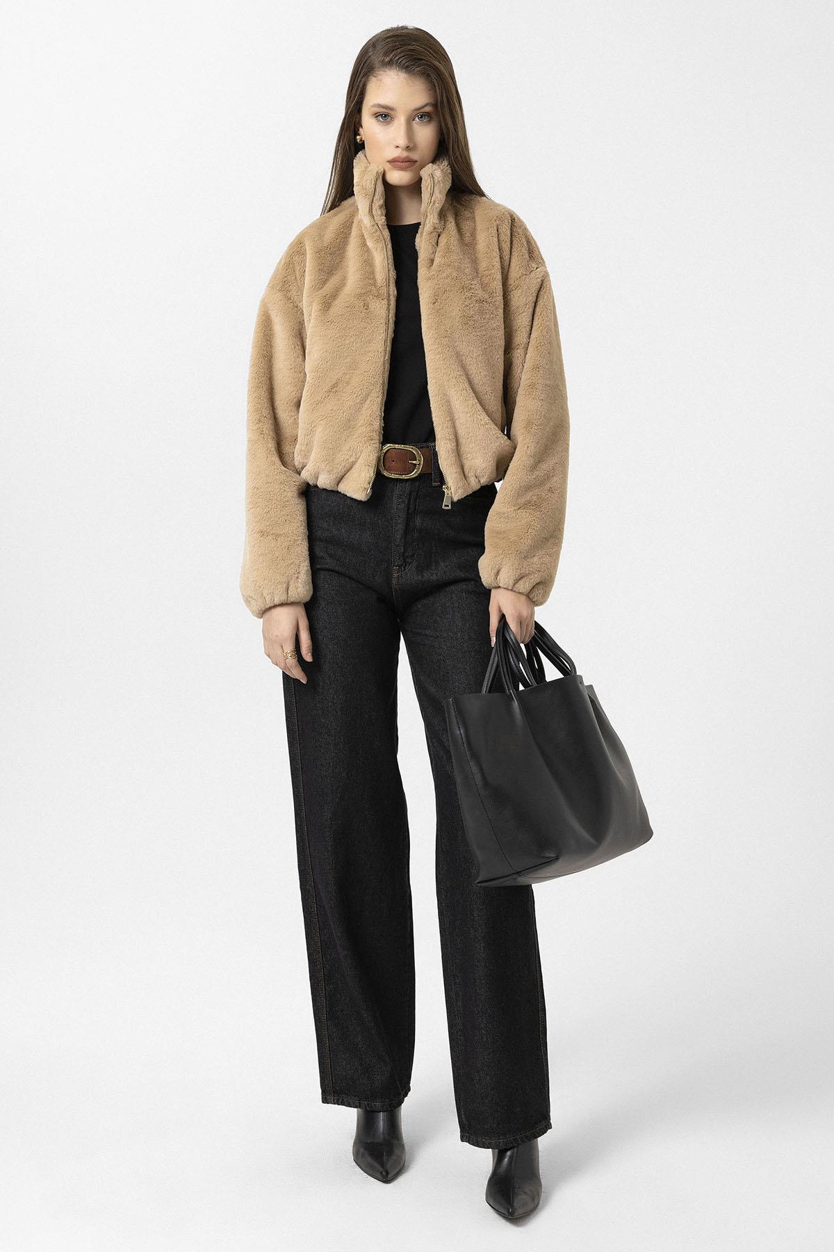 Antioch-Bej Kadın Bel Lastikli Suni Kürk Mont-Mont-3-Milagron.com