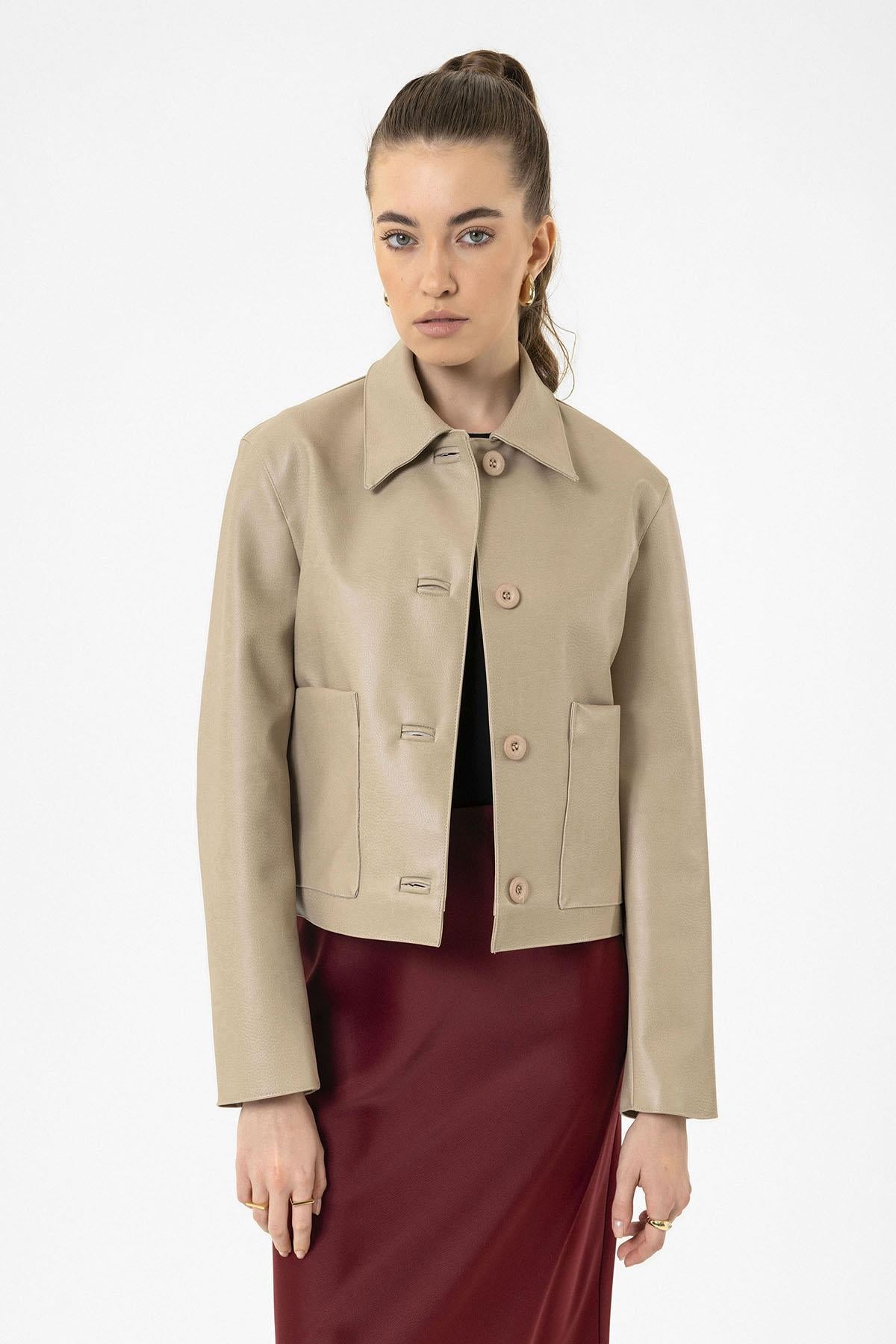 Antioch-Bej Kadın Polo Yaka Suni Deri Ceket-Ceket-4-Milagron.com