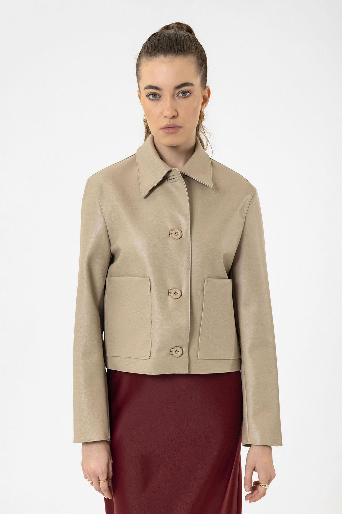 Antioch-Bej Kadın Polo Yaka Suni Deri Ceket-Ceket-5-Milagron.com