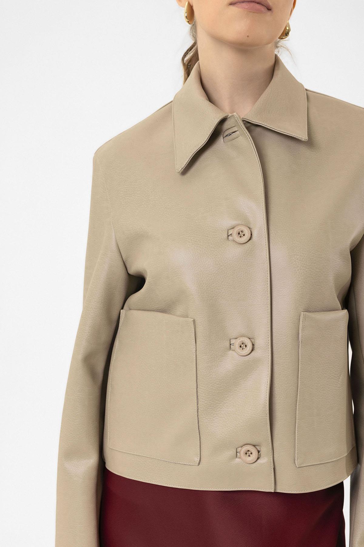 Antioch-Bej Kadın Polo Yaka Suni Deri Ceket-Ceket-6-Milagron.com