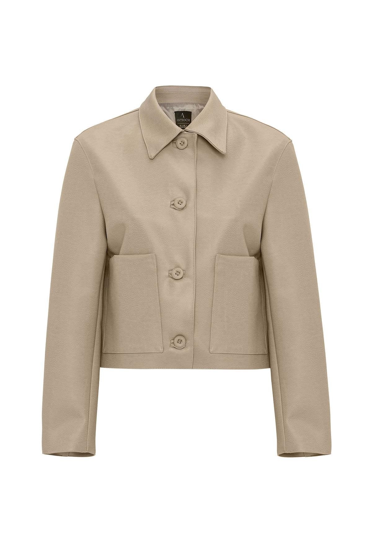 Antioch-Bej Kadın Polo Yaka Suni Deri Ceket-Ceket-7-Milagron.com