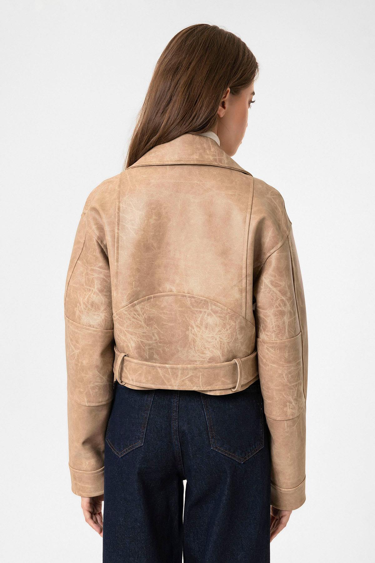 Antioch-Bej Kadın Suni Deri Crop Biker Ceket-Ceket-7-Milagron.com
