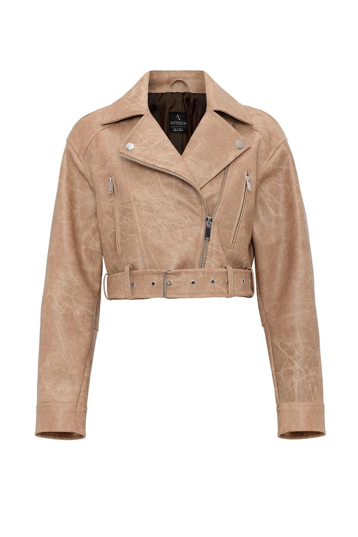 Antioch-Bej Kadın Suni Deri Crop Biker Ceket-Ceket-8-Milagron.com
