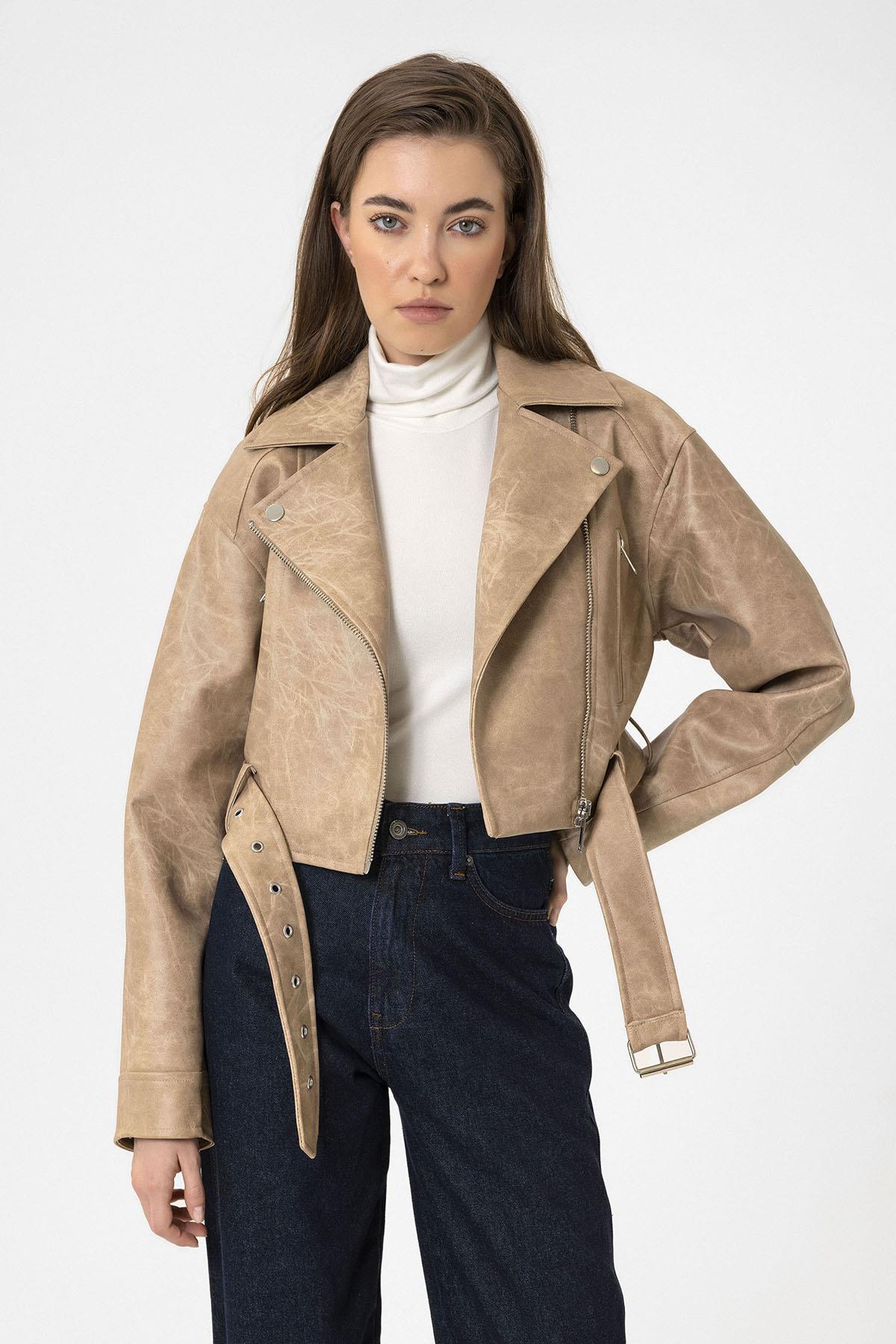 Antioch-Bej Kadın Suni Deri Crop Biker Ceket-Deri Mont-1-Milagron.com