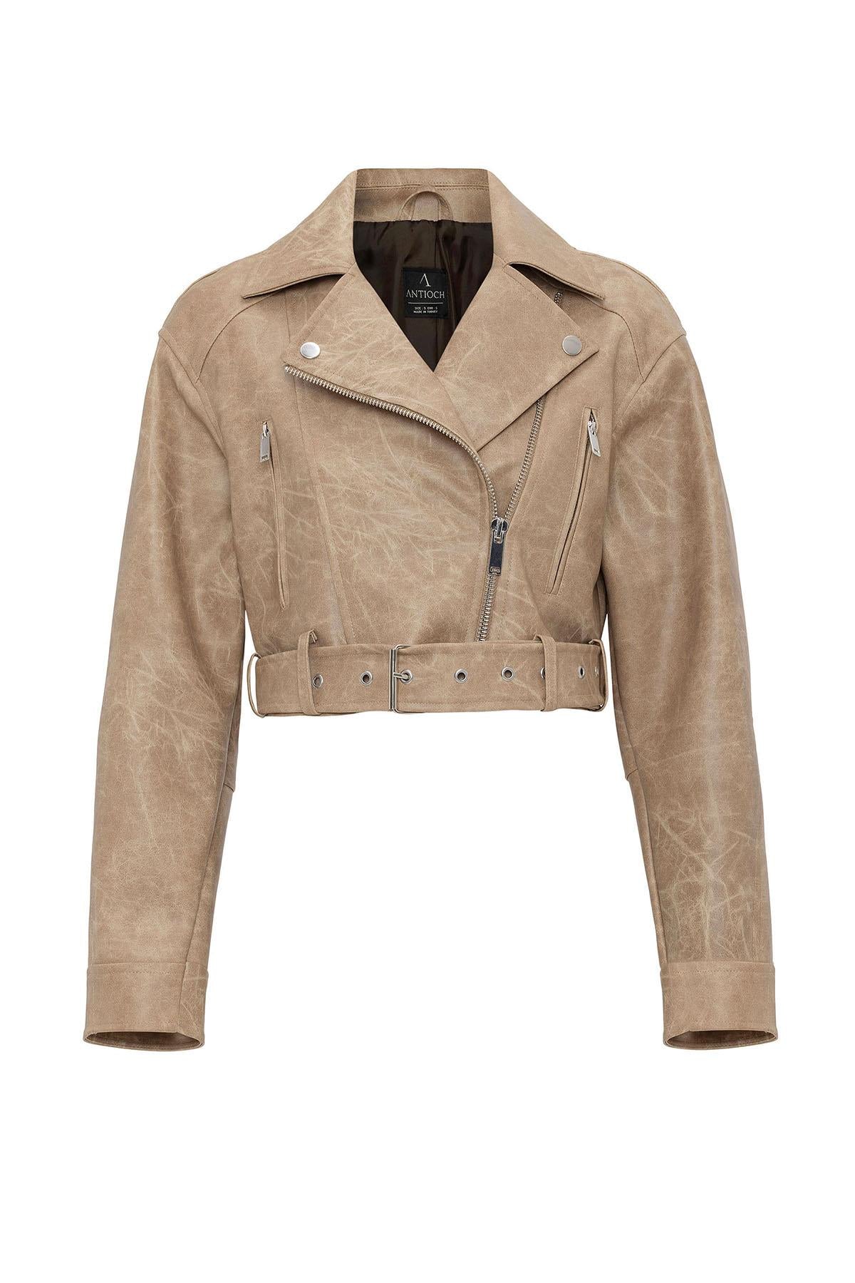 Antioch-Bej Kadın Suni Deri Crop Biker Ceket-Deri Mont-2-Milagron.com