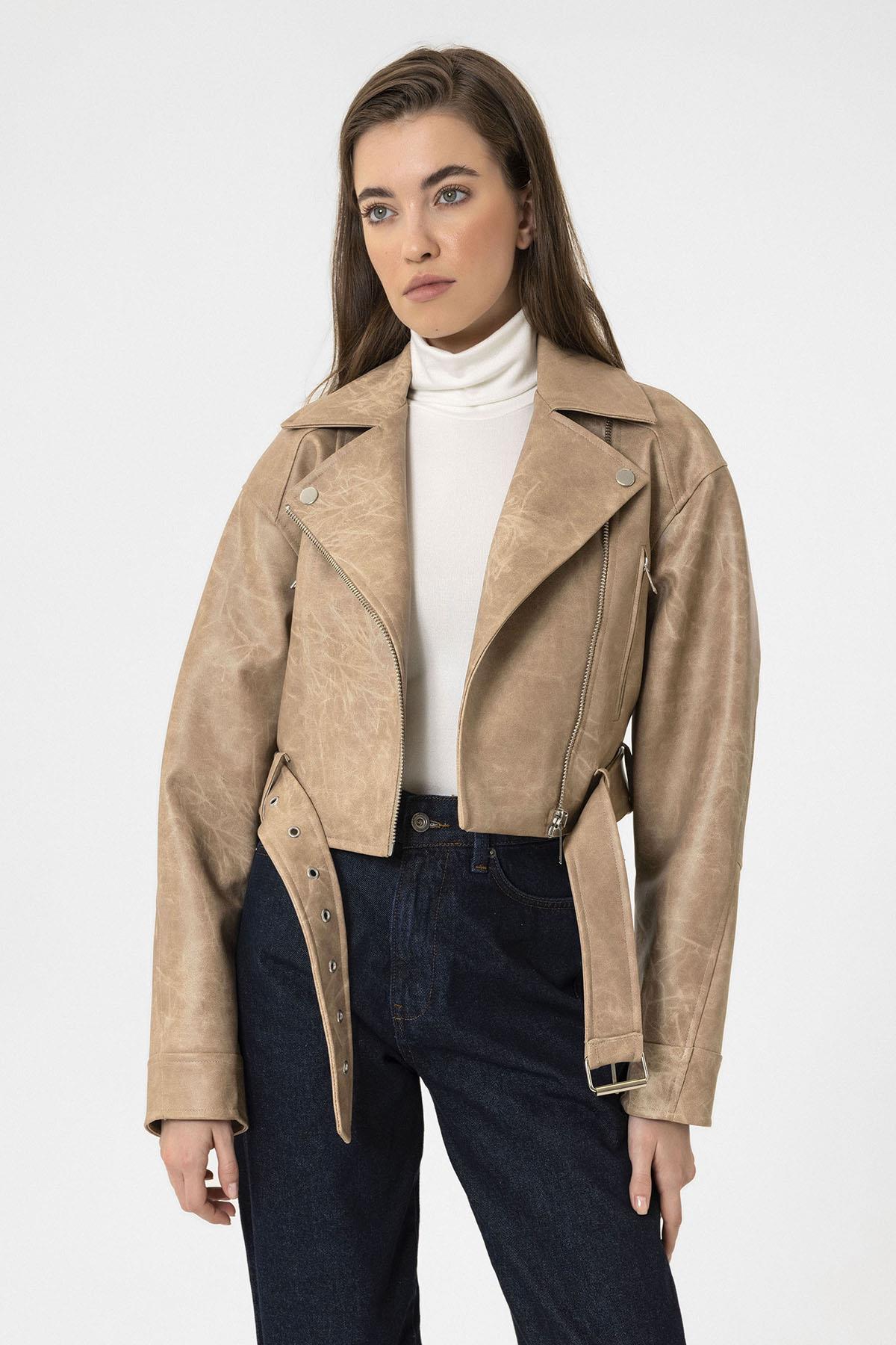 Antioch-Bej Kadın Suni Deri Crop Biker Ceket-Deri Mont-4-Milagron.com