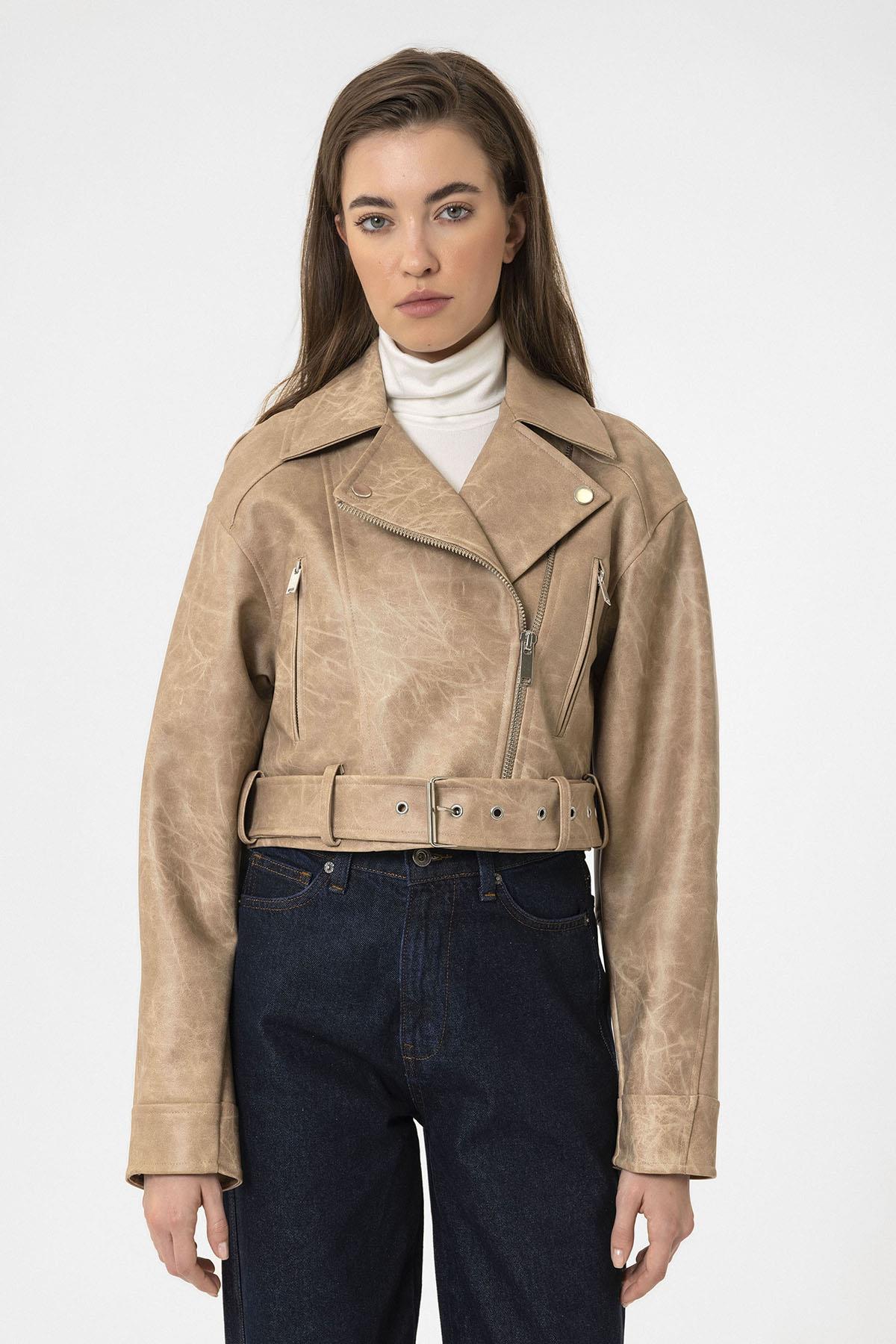 Antioch-Bej Kadın Suni Deri Crop Biker Ceket-Deri Mont-5-Milagron.com