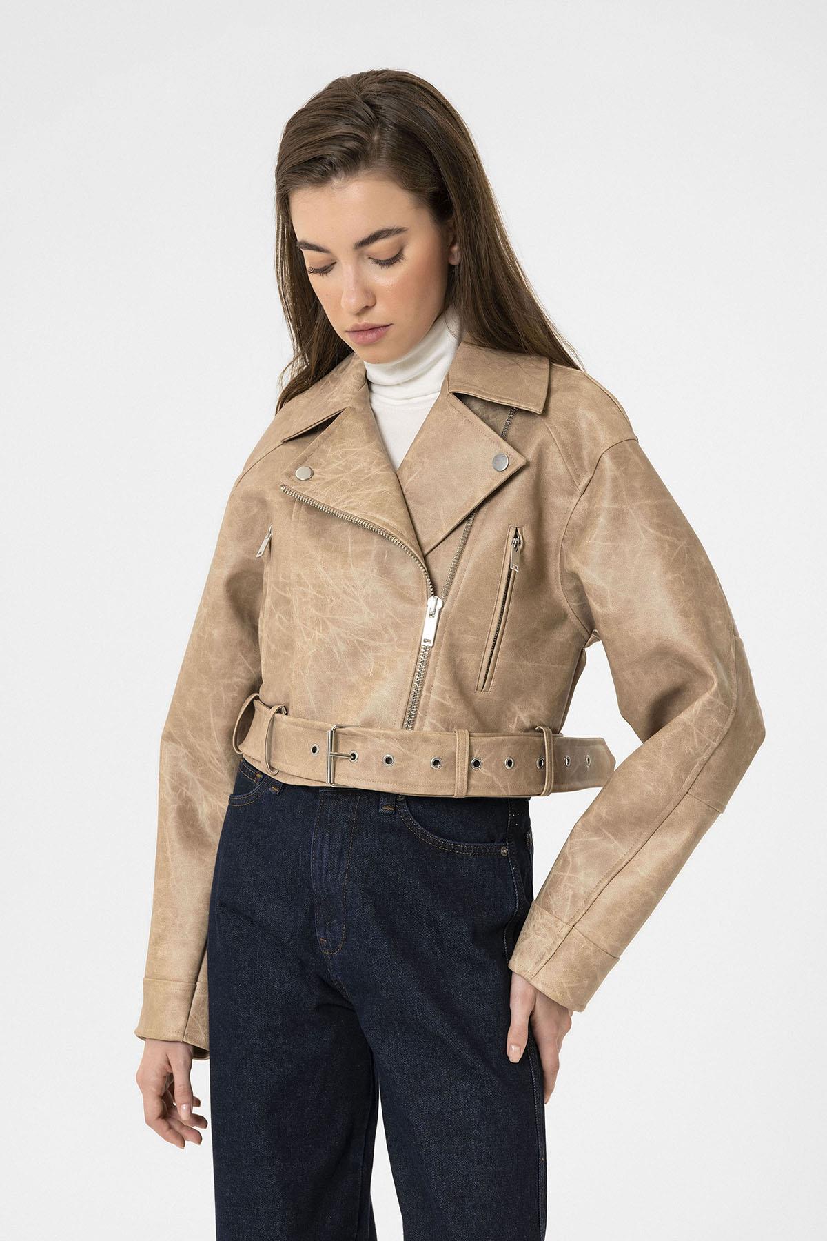 Antioch-Bej Kadın Suni Deri Crop Biker Ceket-Deri Mont-6-Milagron.com