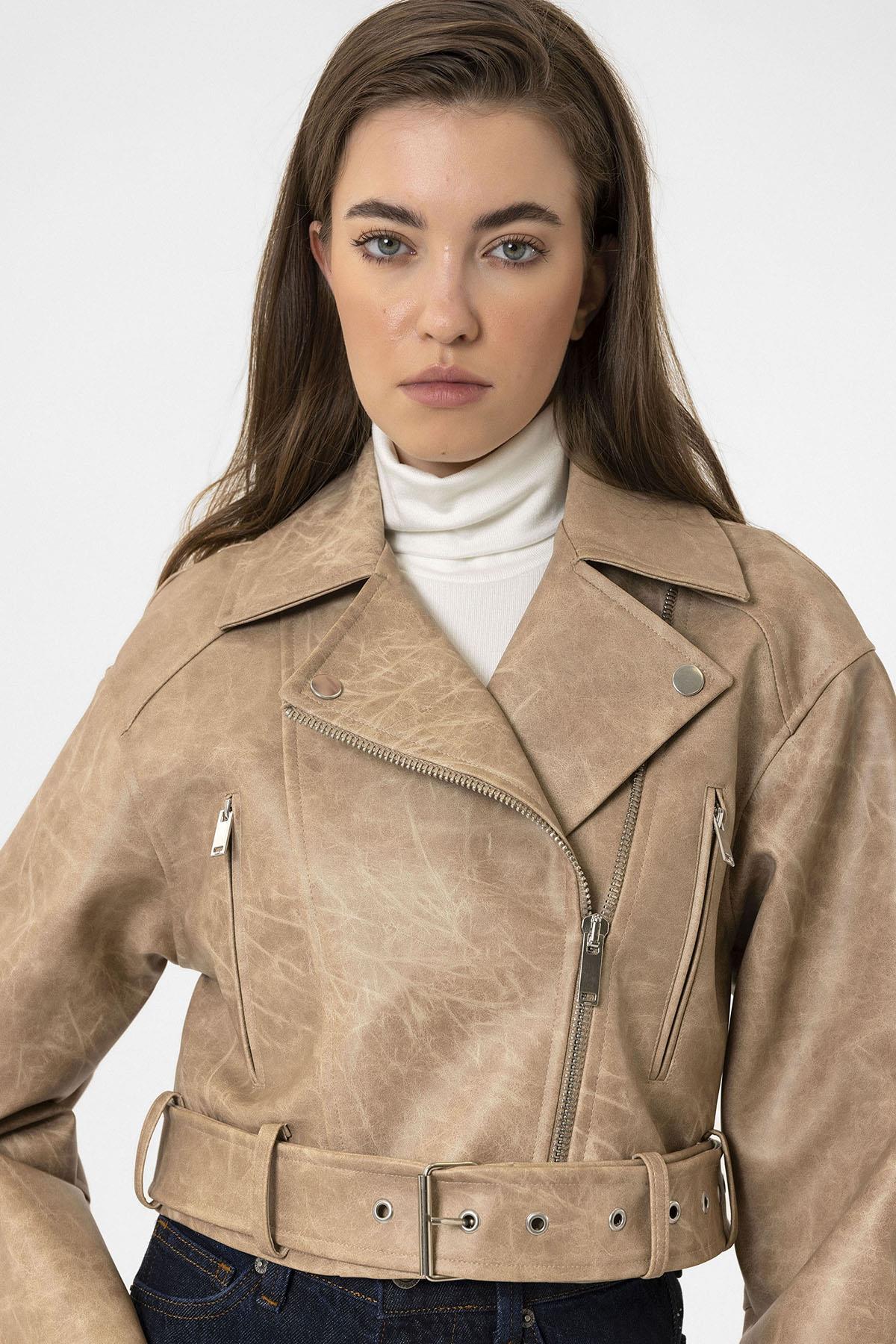 Antioch-Bej Kadın Suni Deri Crop Biker Ceket-Deri Mont-7-Milagron.com