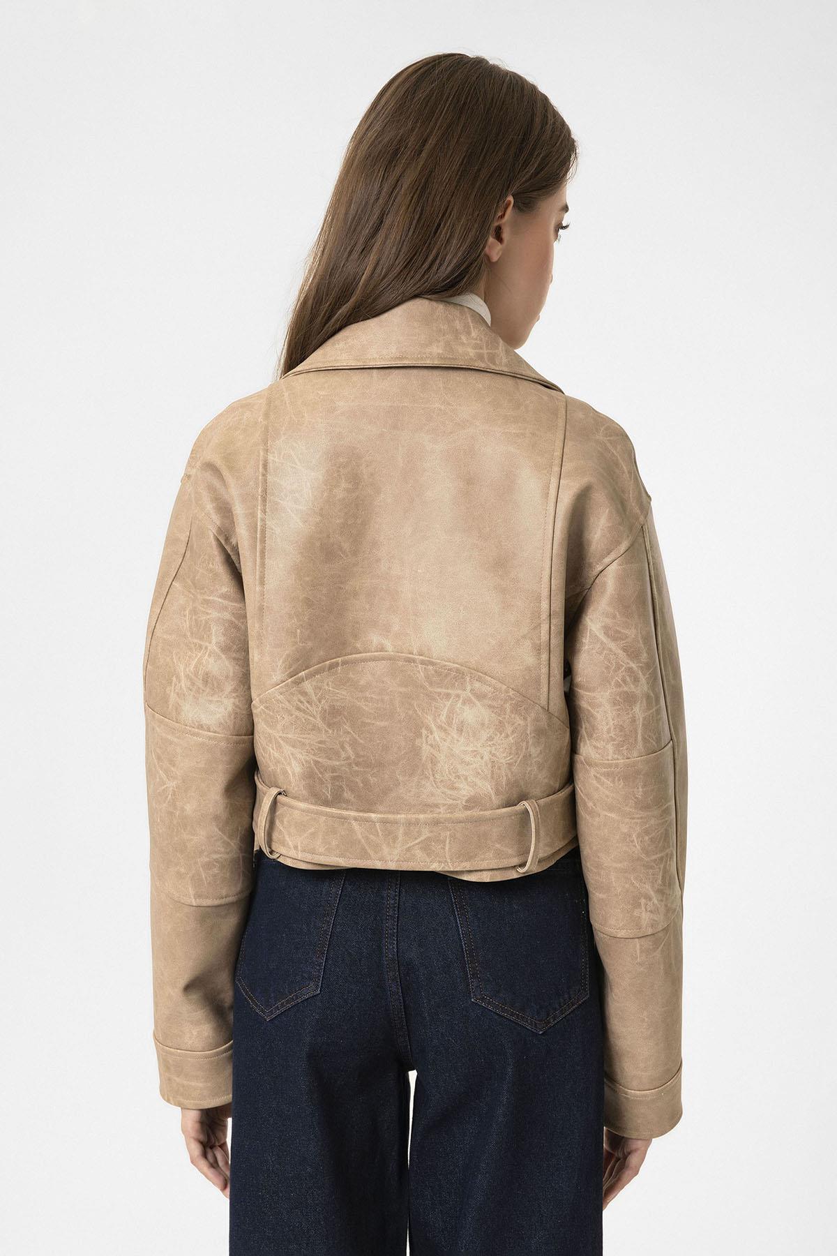 Antioch-Bej Kadın Suni Deri Crop Biker Ceket-Deri Mont-8-Milagron.com