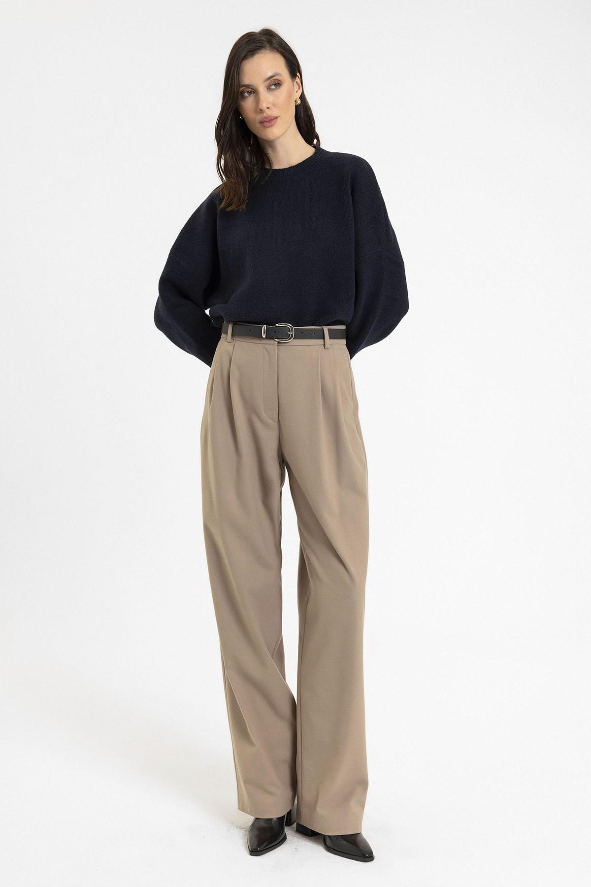 Antioch-Bej Kadın Yüksek Bel Pens Detaylı Straight Fit Pantolon-Kumaş Pantolon-1-Milagron.com