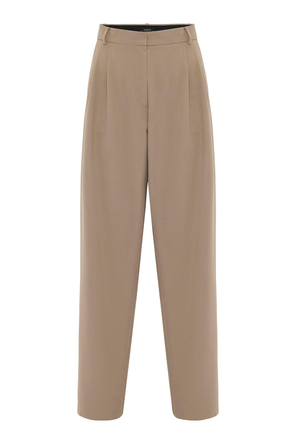 Antioch-Bej Kadın Yüksek Bel Pens Detaylı Straight Fit Pantolon-Kumaş Pantolon-8-Milagron.com