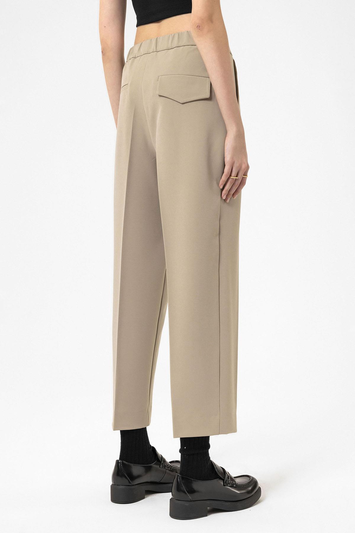 Antioch-Bej Kadın Yüksek Bel Straight Fit Kısa Pantolon-Kumaş Pantolon-6-Milagron.com