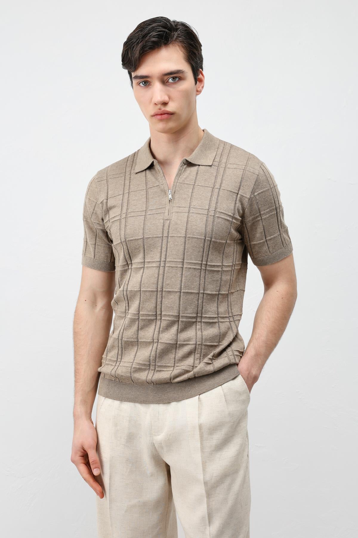 Antioch Bej Kareli Desenli Erkek Triko T-Shirt
