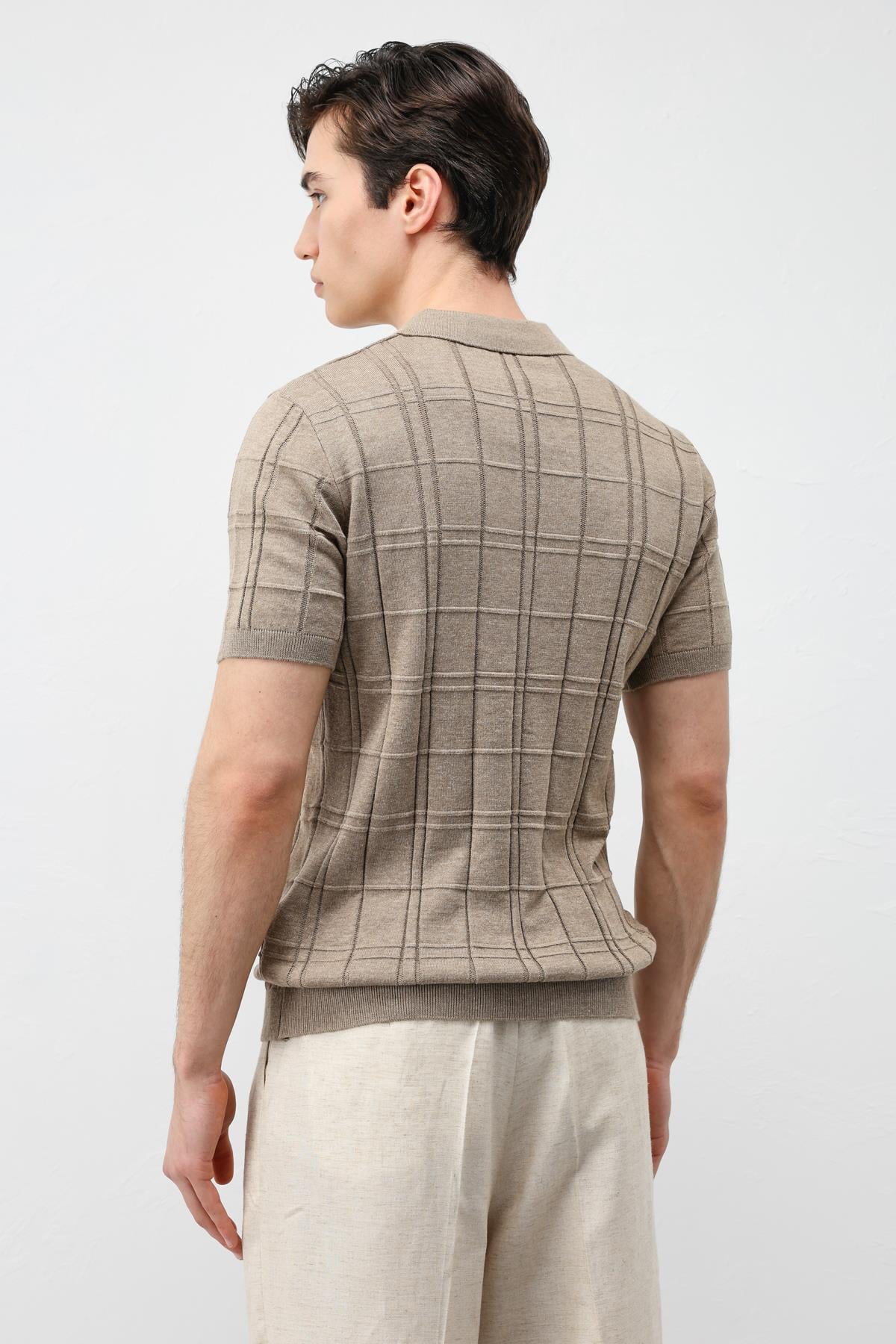 Antioch Bej Kareli Desenli Erkek Triko T-Shirt