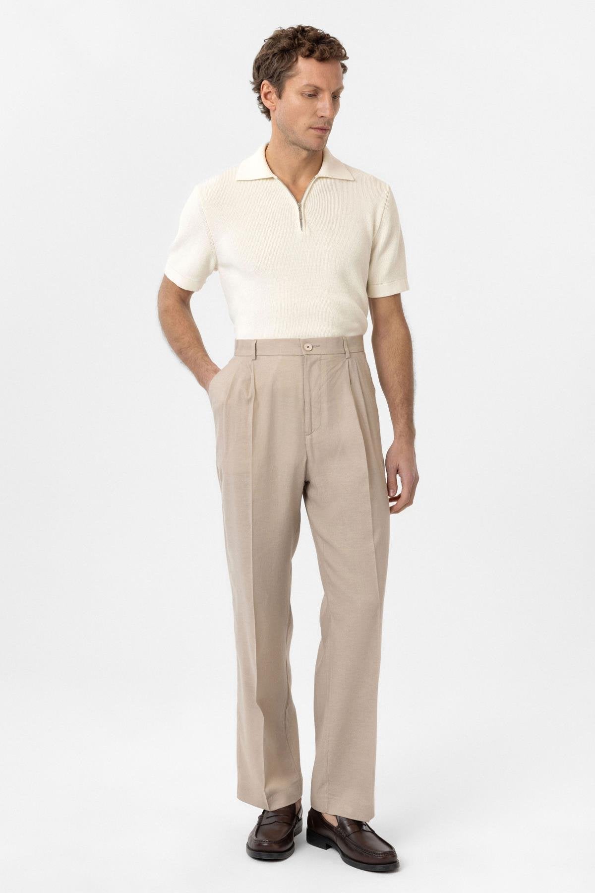 Antioch-Bej Keten Karışımlı Erkek Baggy Pantolon-Kumaş Pantolon-2-Milagron.com