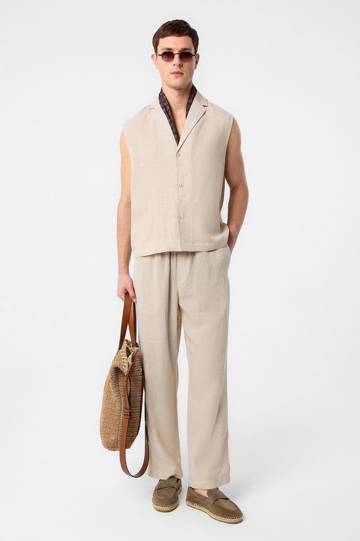 Antioch-Bej Keten Karışımlı Kolsuz Erkek Gömlek-Gömlek-3-Milagron.com