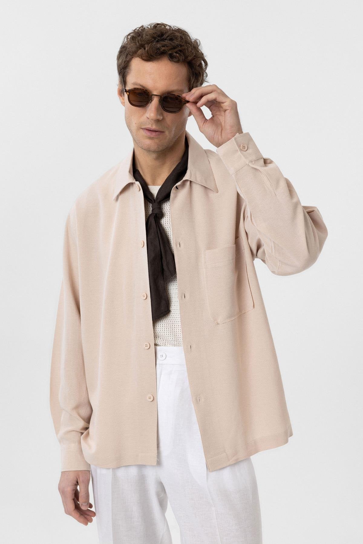 Antioch-Bej Keten Karışımlı Relaxed Erkek Gömlek-Gömlek-5-Milagron.com