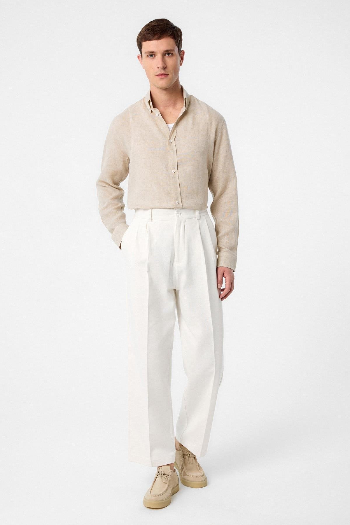Antioch-Bej Keten Karışımlı Yaka Düğmeli Erkek Gömlek-Gömlek-3-Milagron.com
