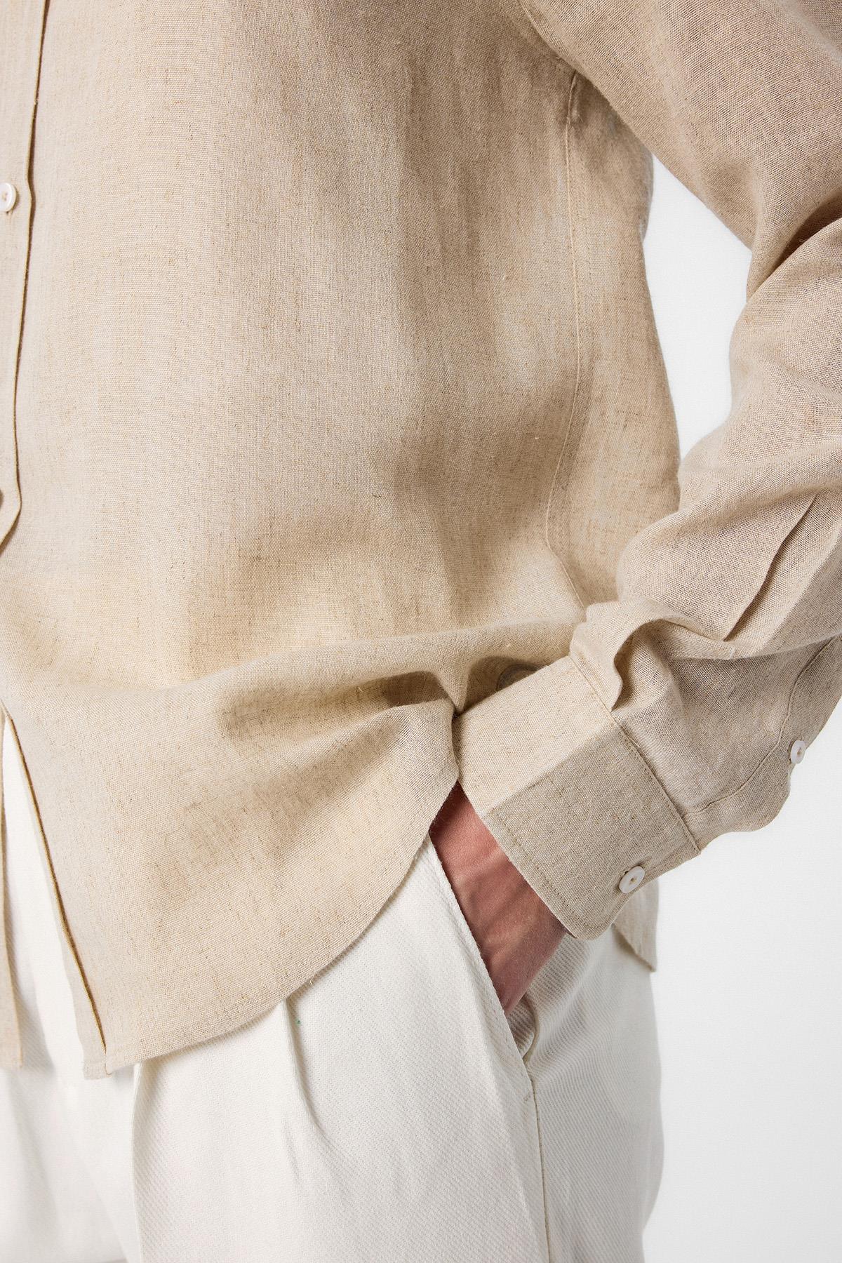 Antioch-Bej Keten Karışımlı Yaka Düğmeli Erkek Gömlek-Gömlek-5-Milagron.com