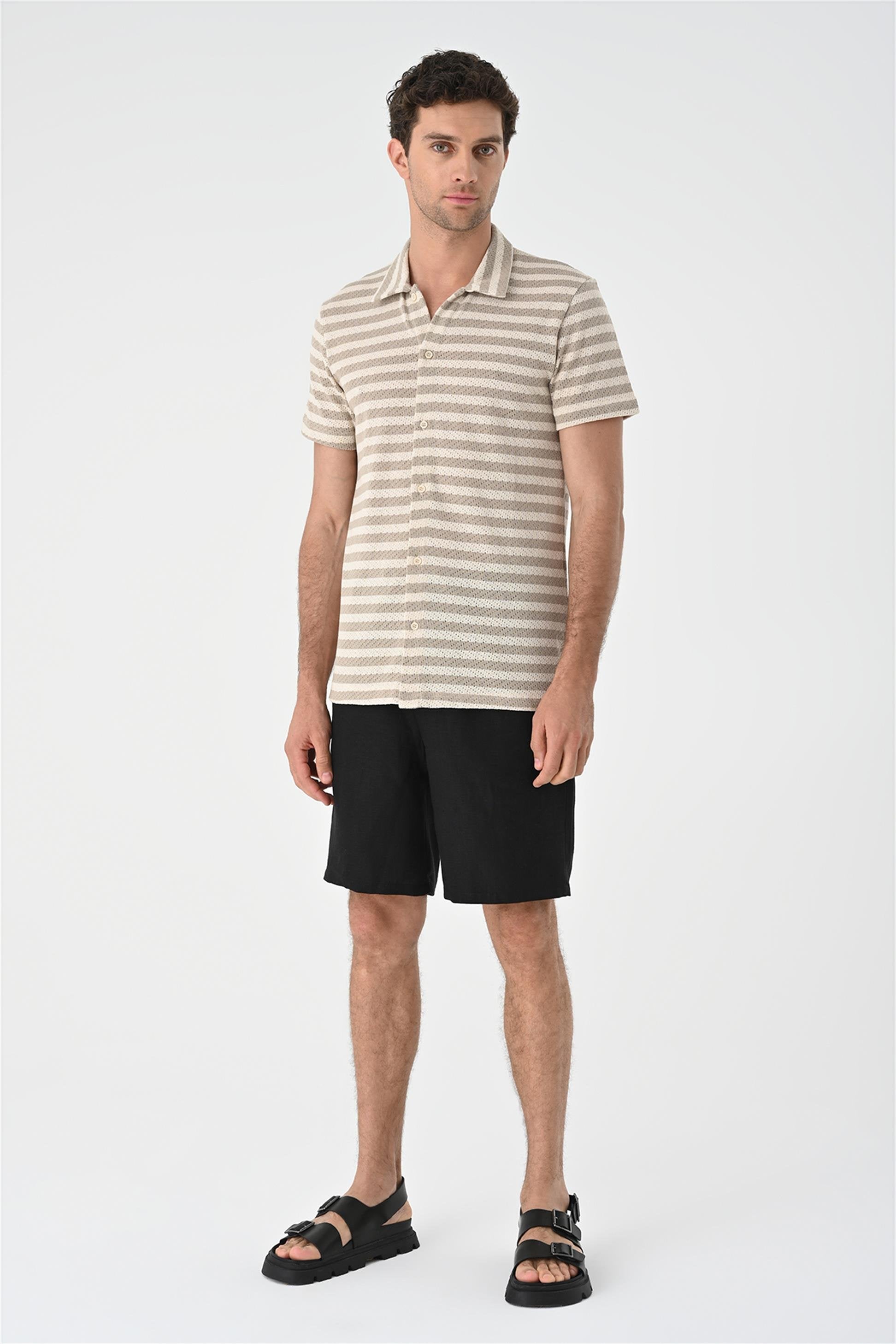 Antioch-Bej Kısa Kollu Çizgili Erkek Triko Gömlek-Gömlek-1-Milagron.com